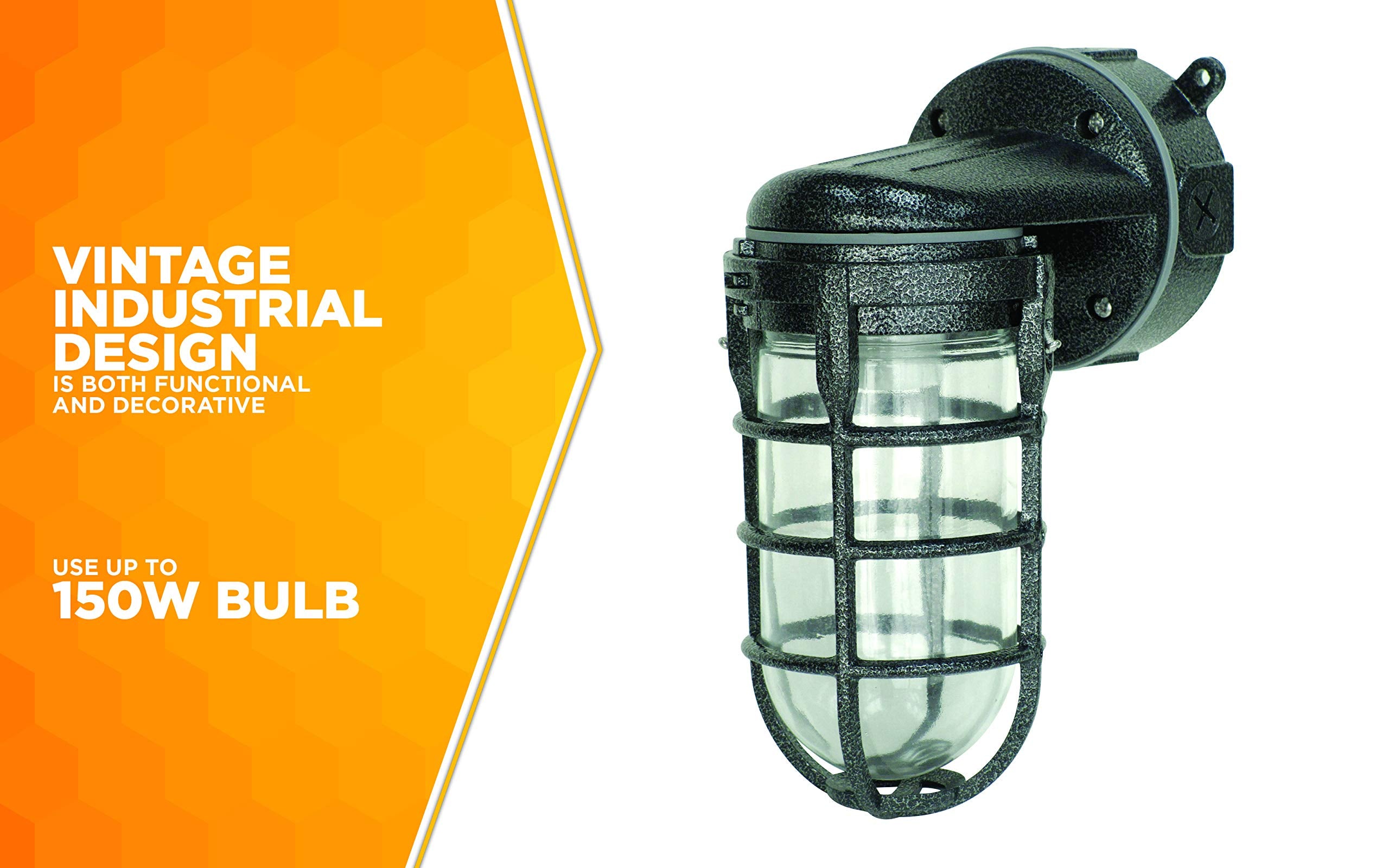 Wall Mount Light in Hammered Black Finish Sturdy Die Cast Aluminum Cage; 100 Watt Incandescent; Industrial Design; Suitable for Indoor and Outdoor Use