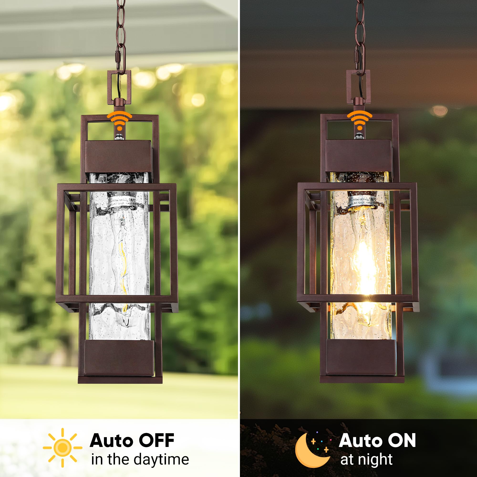 15" Dusk to Dawn Outdoor Pendant Light Exterior Hanging Lantern, Modern Black Metal Outside Chandelier Light Fixture Ceiling Mount with Water Glass for Front Porch Entrance Foyer Entryway