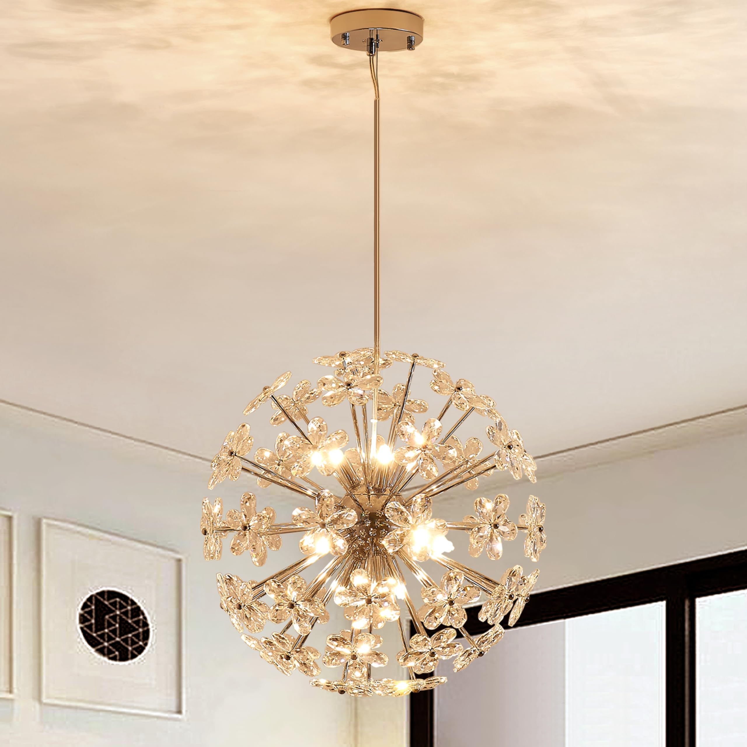 Dandelion Crystal Chandeliers, Modern Design, Firework Pendant Light Fixture for Living Space, H17'' x D17'', Adjustable Chains 59'', G9*9 Sockets, Brilliant Gold Finish Frame