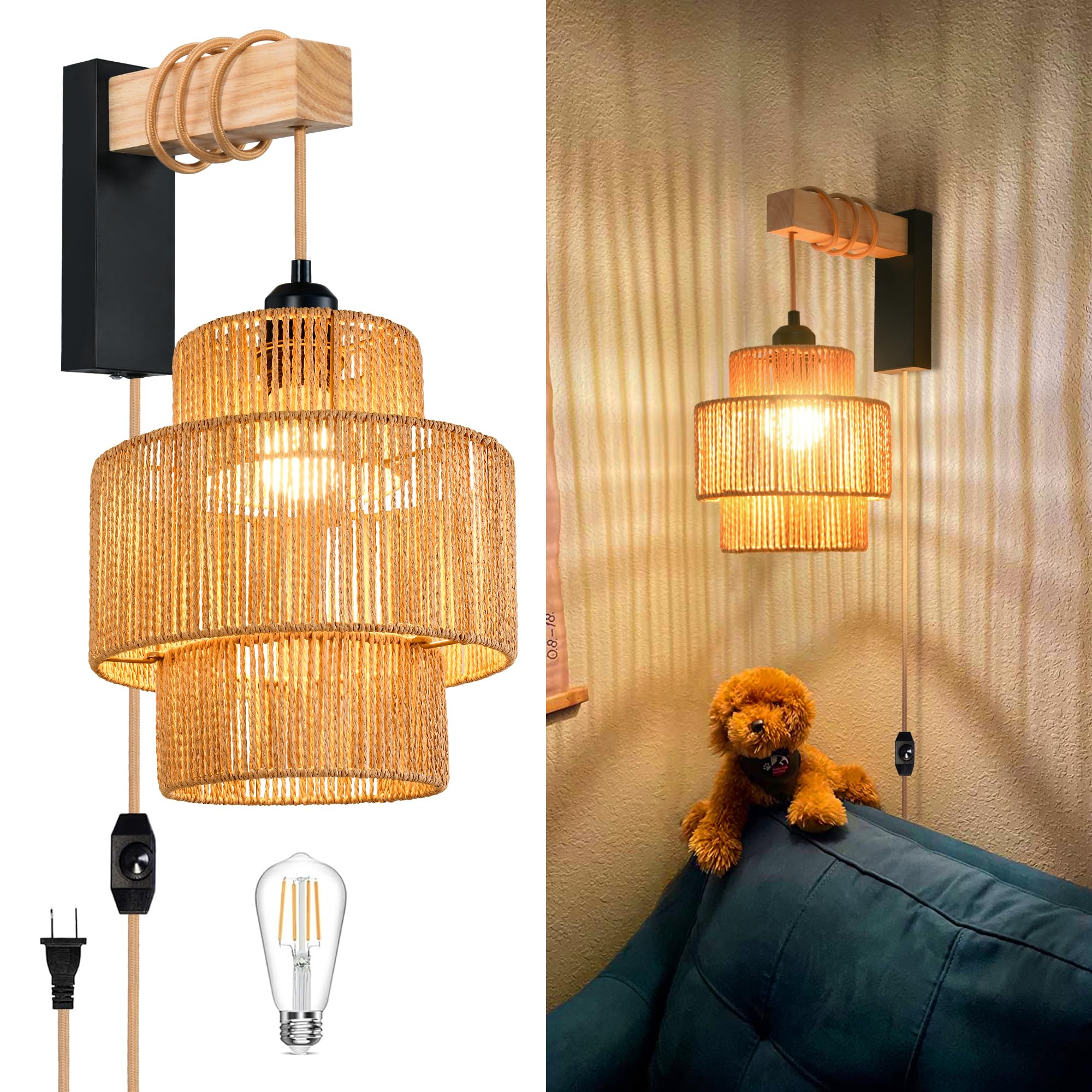 Rattan Plug in Wall Sconces Set of Two,Wicker Wall Lamp with Plug in Cord Hand Woven Rattan Plug in Wall Lamp Rustic Wall Lighting Boho Wall Sconces for Living Room Bedroom