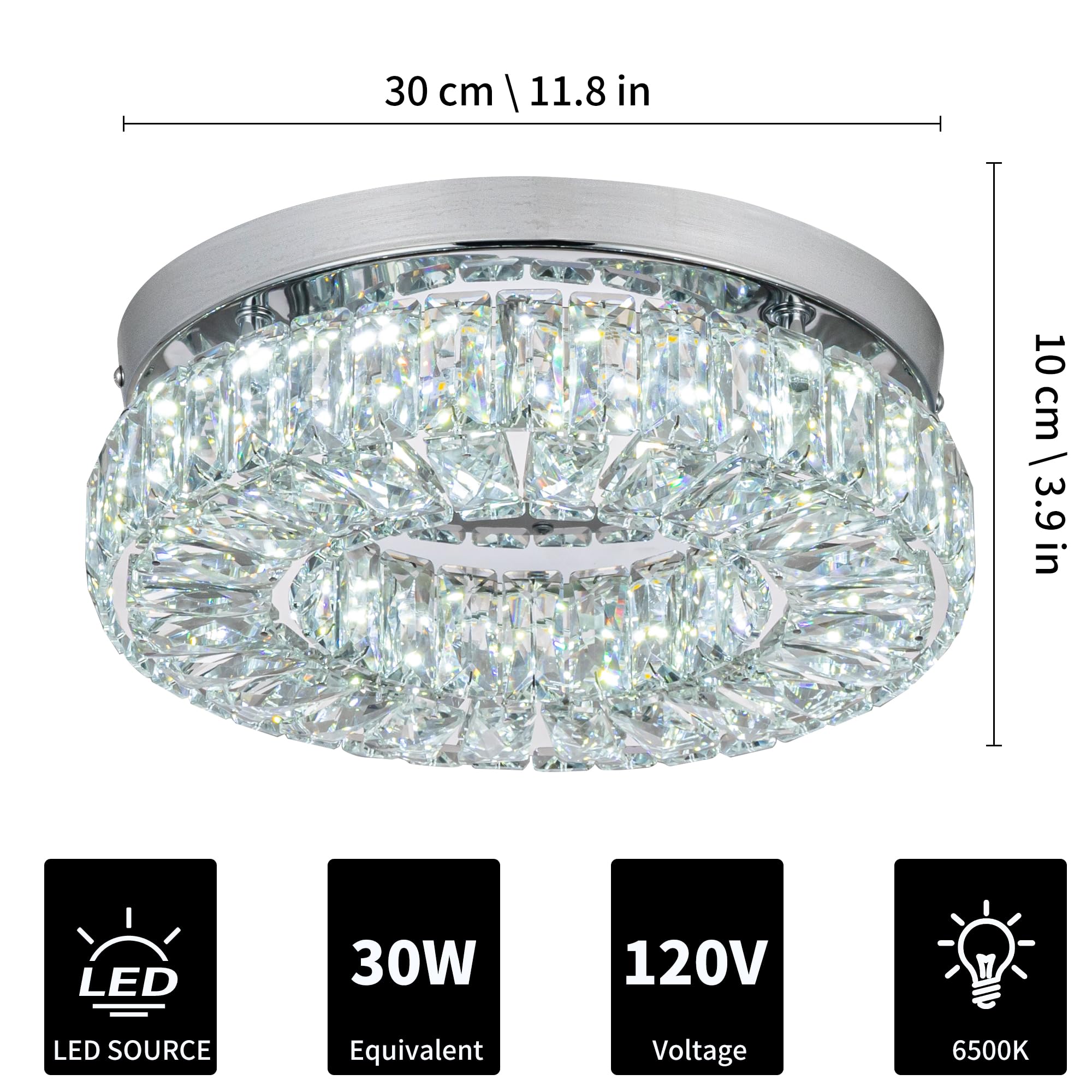 11.8" Crystal Chandelier LED Crystal Flush Mount Ceiling Light Modern Crystal Chandeliers for Bedrooms Dining Room Hallway (6500K Cool White) Without Remote Control