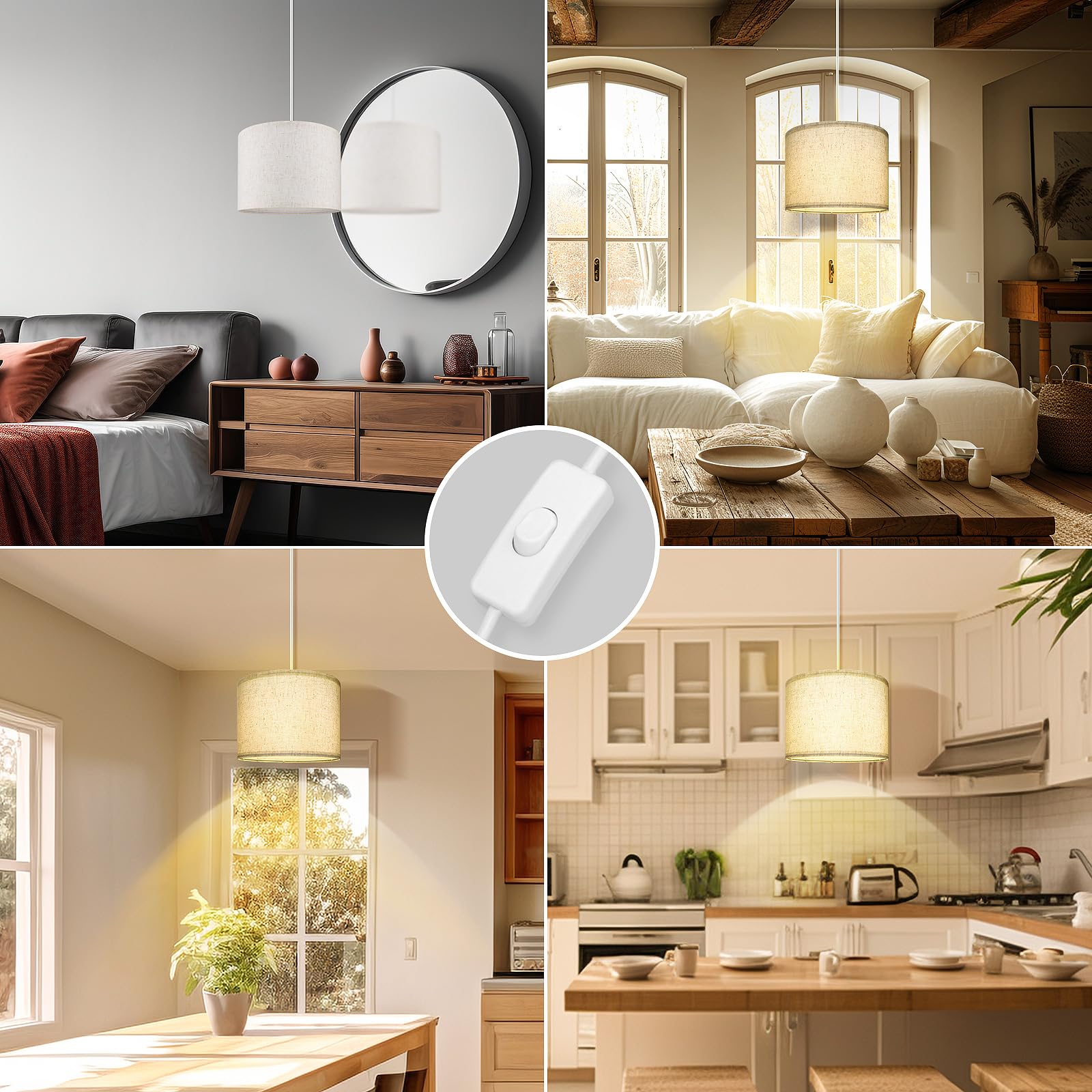 Plug in Pendant Light,15 FT Hanging Lamp with Plug in Cord, Dimmable Switch, Pendant Lighting with Fabric Shade, Hanging Light Fixture for Living Room, Bedroom, Dining Room, Kitchen