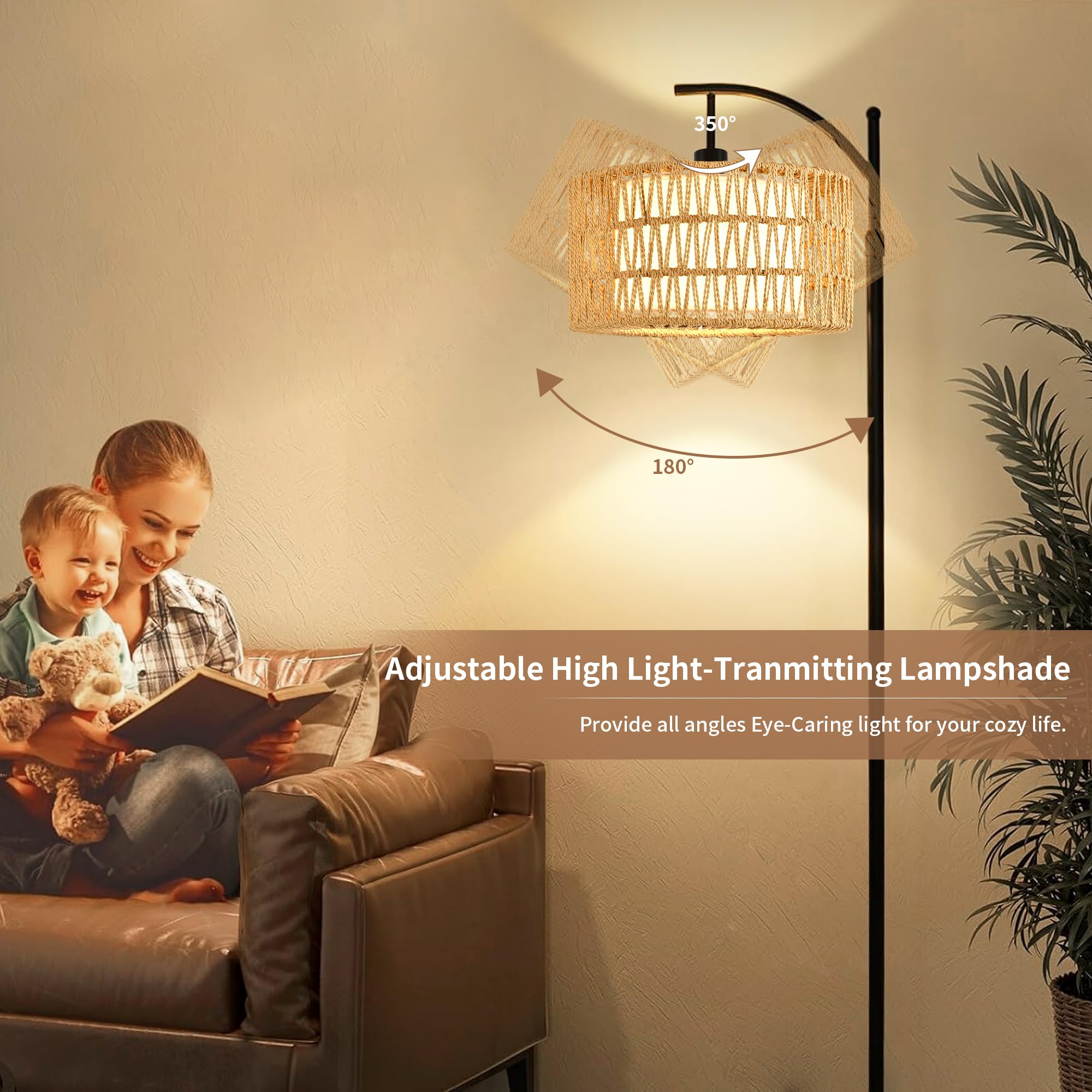 Floor Lamp for Living Room Bedroom with Remote Boho Rattan Arc Standing Lamp Dimmable Black Farmhouse Wicker Bamboo Lamp Shade Floor Light Adjustable Tall Lamp Industrial Floor Lamps Bohemian