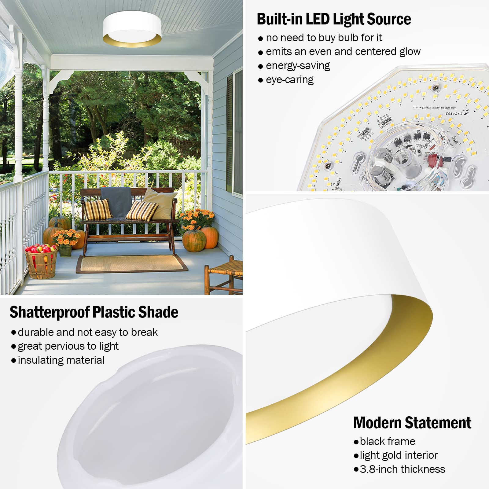 Flush Mount Ceiling Light, 13in 25W(250W Equiv) 2400LM, LED Ceiling Light Fixture 3 Colors 3000K 4000K 5000K, Dimmable Black and Gold Modern Flush Mount Light for Bedroom Bathroom Hallway Kitchen