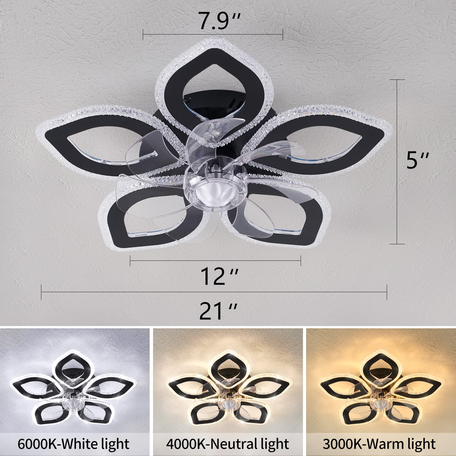 Ceiling Fan with Lights Remote Control, 24" Black, 6 Speeds 3 Light Color Low Profile Flush Mount Ceiling Fan for Kitchen Bedroom