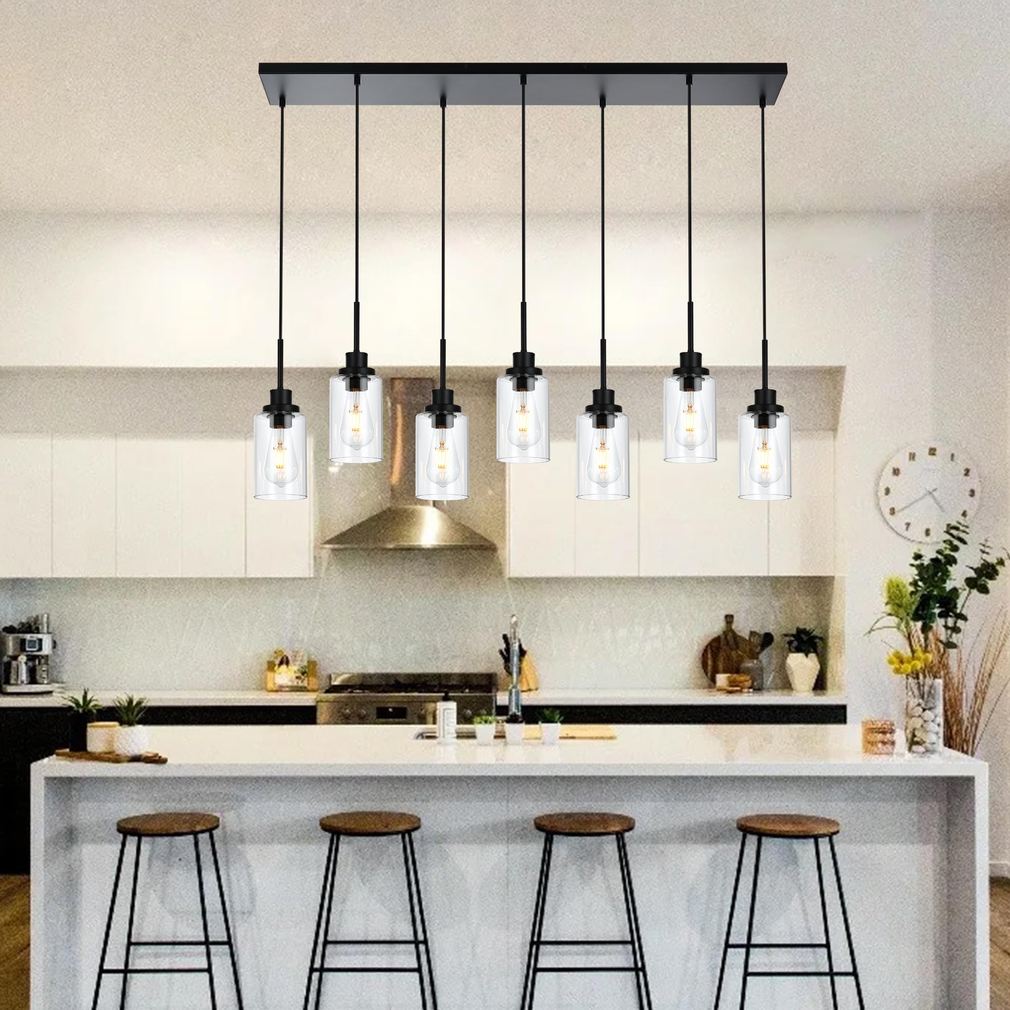 Black Pendant Lights for Kitchen Island, 5-Light Dining Room Light Fixtures Linear Chandeliers with Clear Glass Shade, DIY Hanging Lamp Ceiling for Dining Room Kitchen Bar