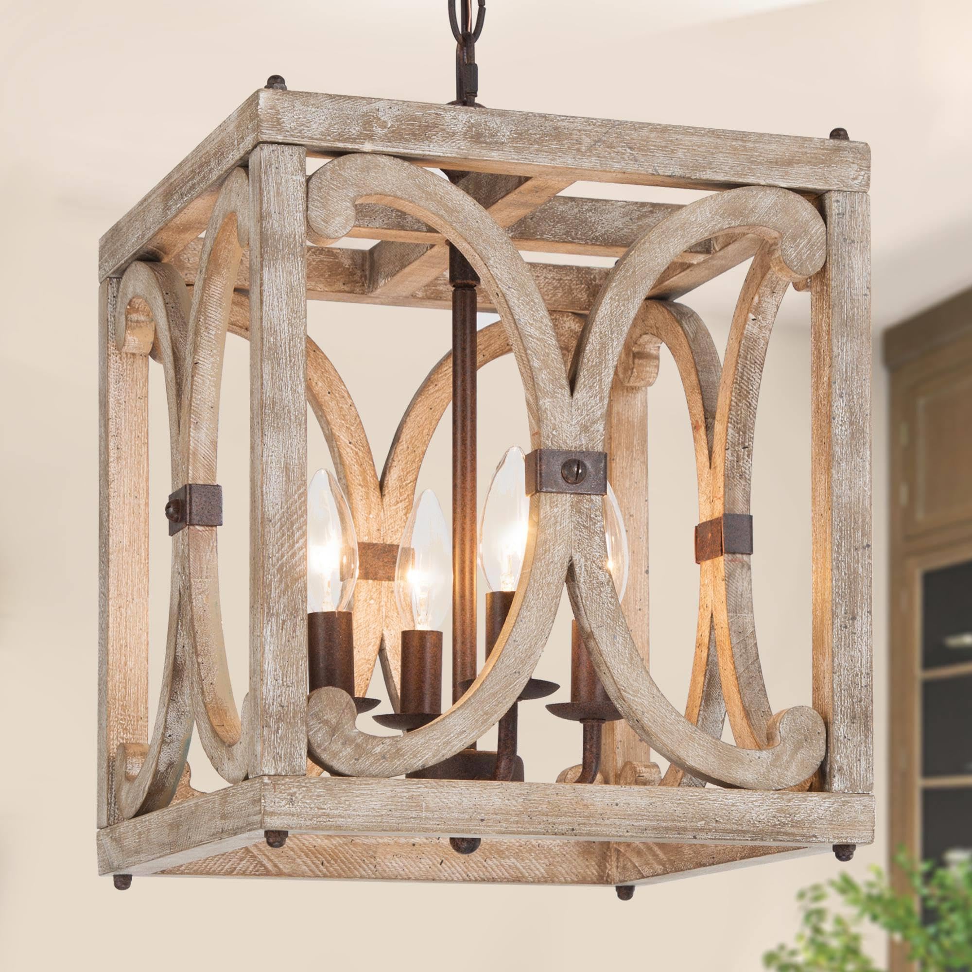 Farmhouse Chandelier, 4-Light Rustic Wood Cage Dining Room Chandelier Over Table, Wooden Square Chandeliers Hanging Light Fixture for Bedrooms, Kitchen Island, Entryway, Foyer