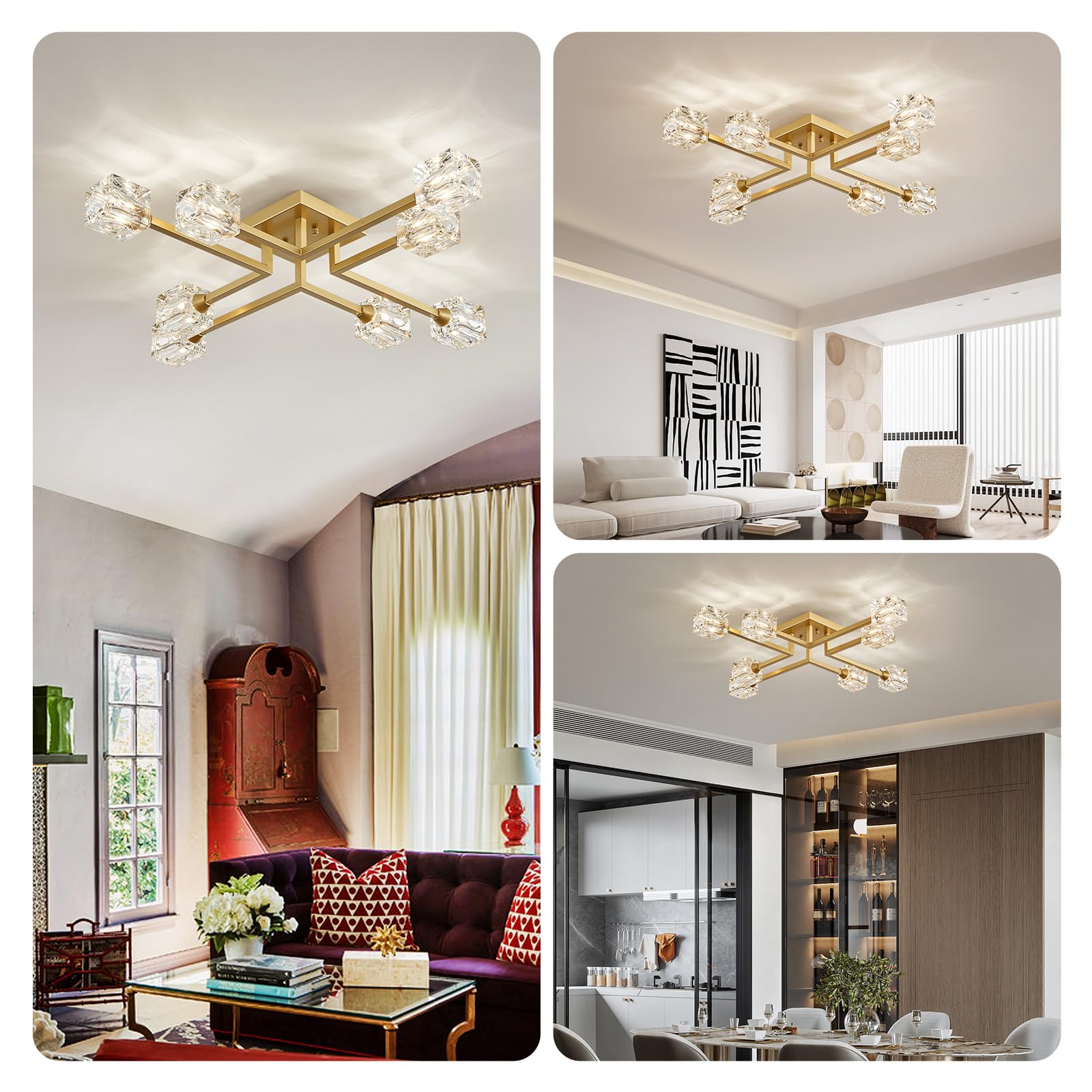 8-Light Semi Flush Mount Ceiling Light Fixture Modern Antique Gold Sputnik Chandeliers Fashion Lighting for Bedroom Dining Room Farmhouse Kitchen Office