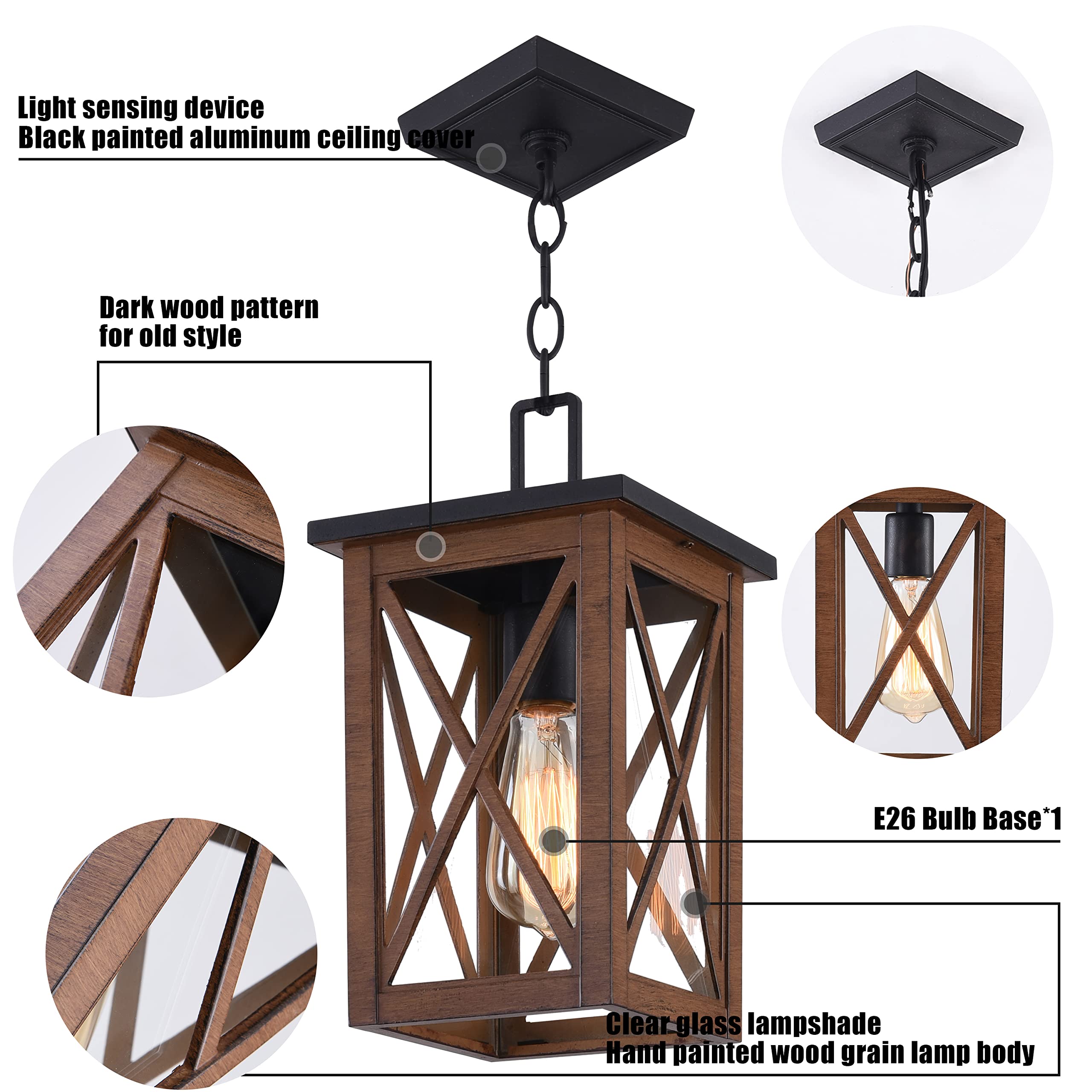 Outdoor Pendant Light Exterior Hanging Lantern Porch Pendant Lights, Light Wood Grain with Glass 1-Light Lamp for for Porch, Patio, Entryway