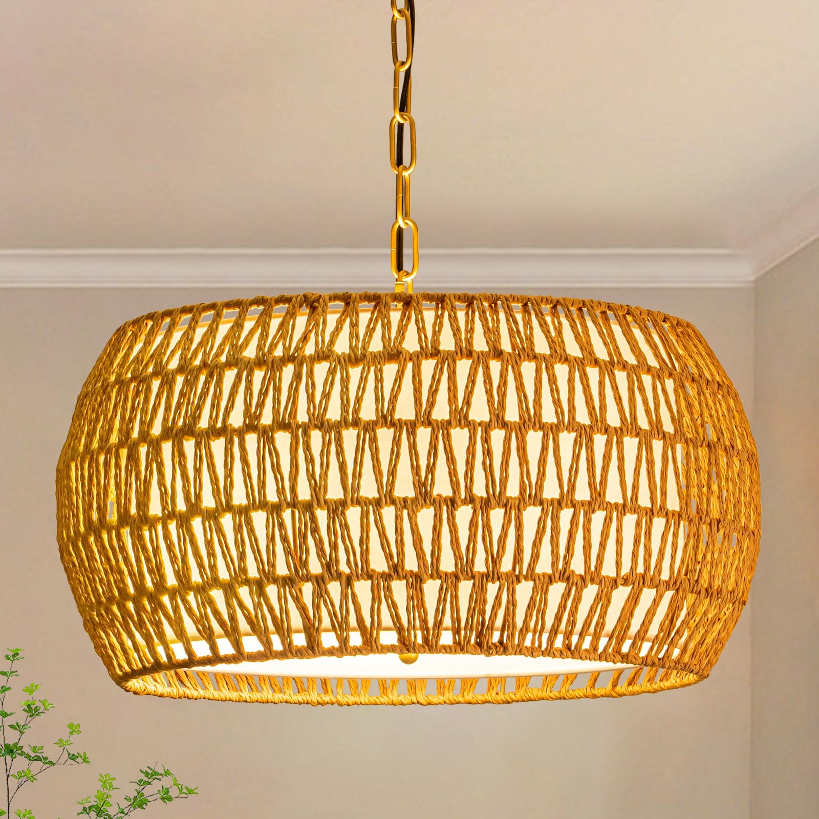 4-Light Rattan Semi Flush Mount Ceiling Light, 15" Boho Light Fixture with Hand-Woven Rattan Shade in Quatrefoil Shape, Farmhouse Boho Chandelier Wicker Light Fixture for Kitchen Bedroom Foyer