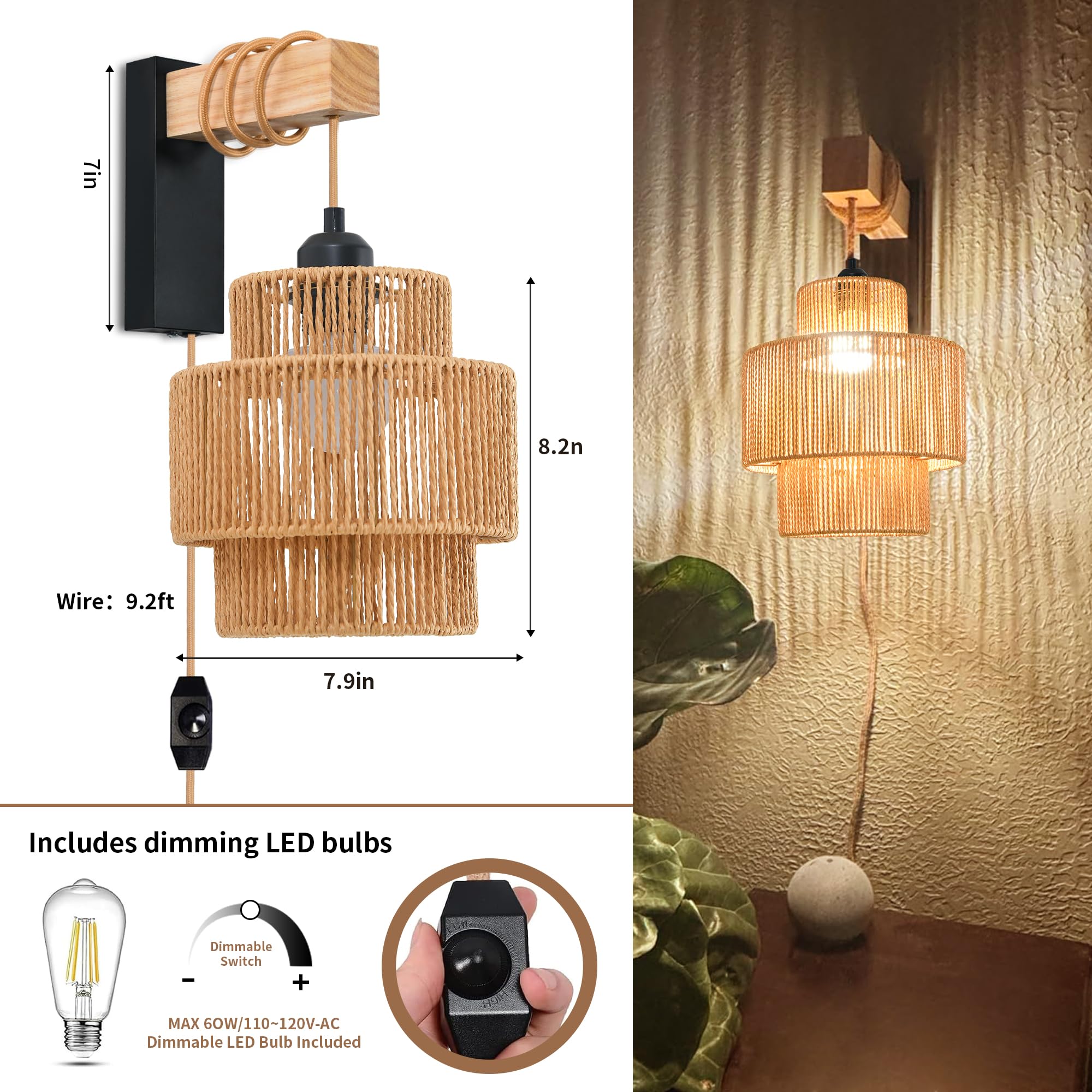 Rattan Plug in Wall Sconces Set of Two,Wicker Wall Lamp with Plug in Cord Hand Woven Rattan Plug in Wall Lamp Rustic Wall Lighting Boho Wall Sconces for Living Room Bedroom