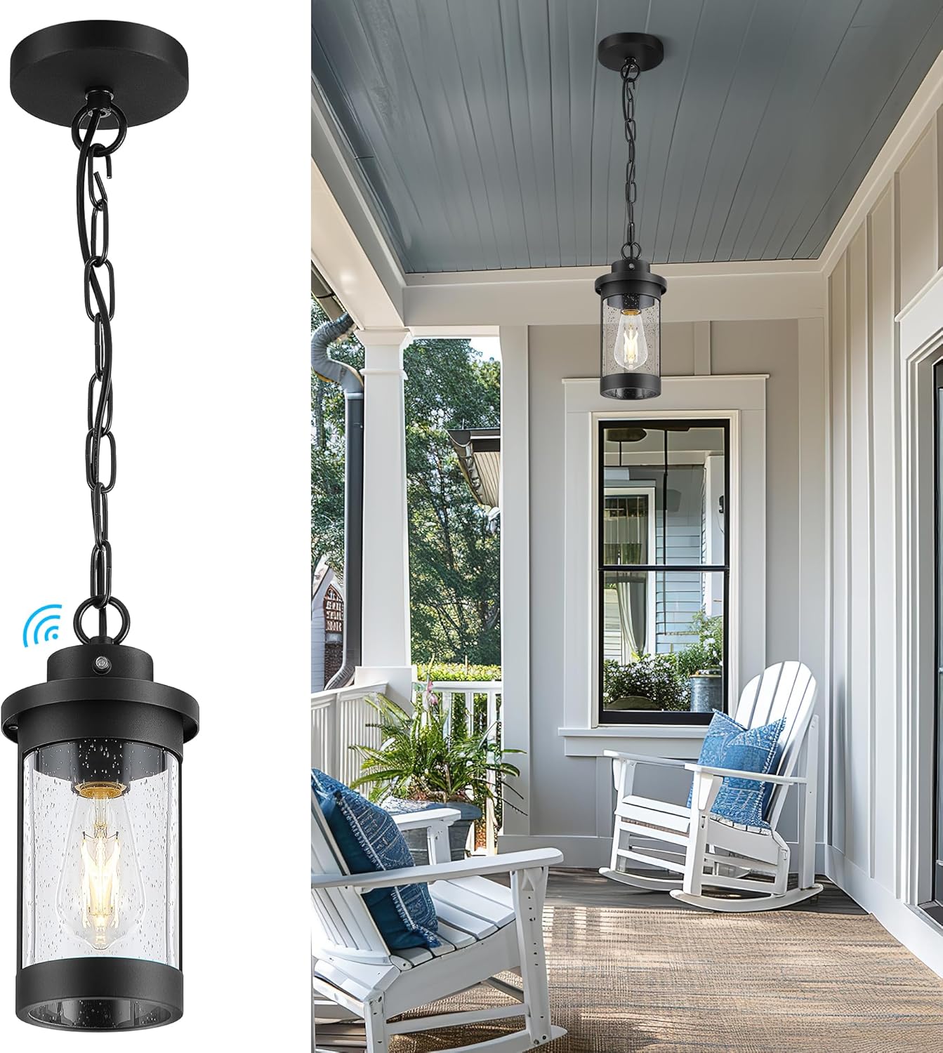 Outdoor Pendant Light, Outdoor Pendant Lights for Porch with Dusk to Dawn Sensor,Outdoor Hanging Light with Seeded Glass, Adjustable Chain, KR3337-W-1PK