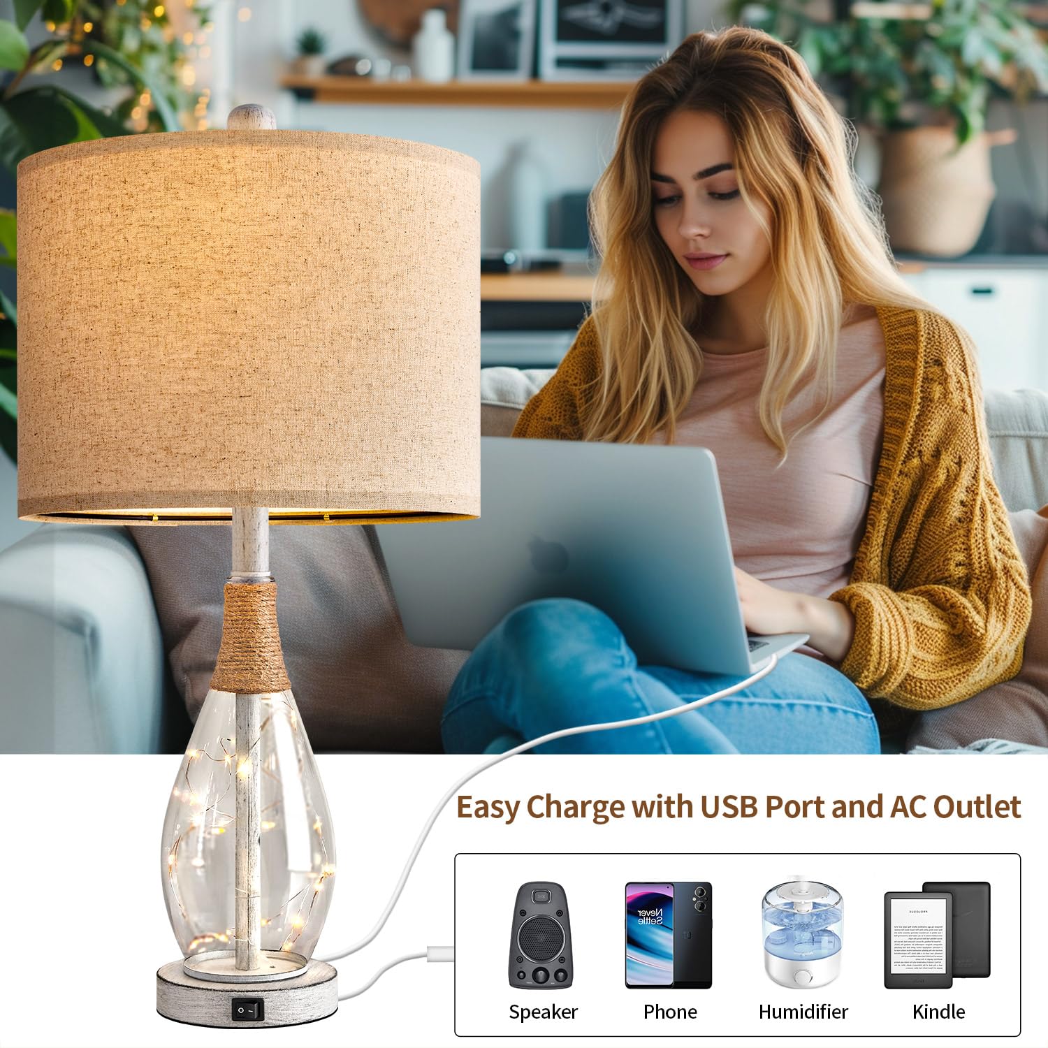 23" Table Lamps for Living Room Set of 2 Bedside Lamps for Night Stands Bedroom Lamps Farmhouse Rattan Boho Lamp Glass Nightlight End Table Lamp with USB C+A (White)