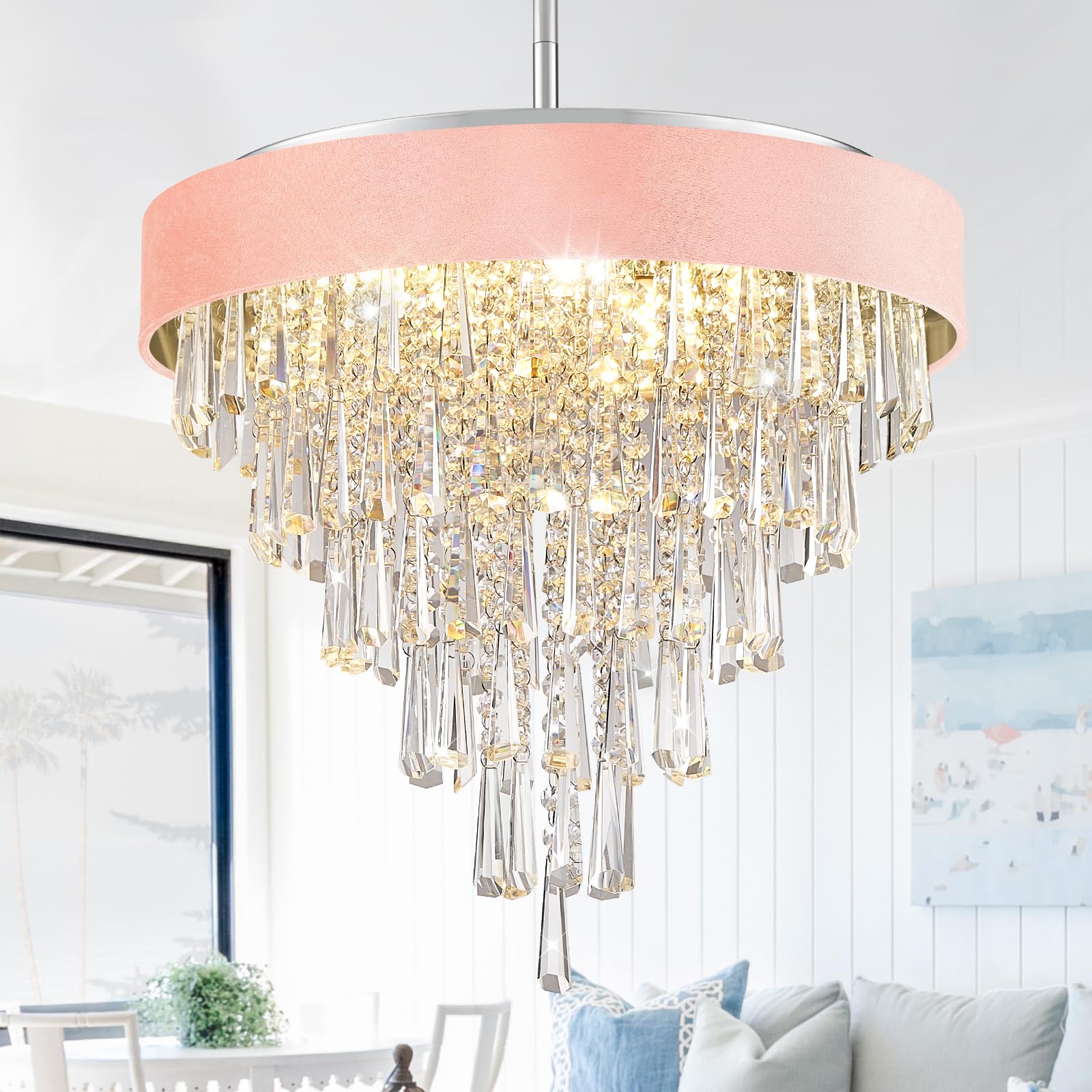 Chandelier,Drum 18” Round Ceiling Pendant Light Velvet Fabric Shade with Gold 4 Lights Fixtures Modern Semi Flush Mount Hanging Chandelier for Bedroom Foyer Hallway Dining Room