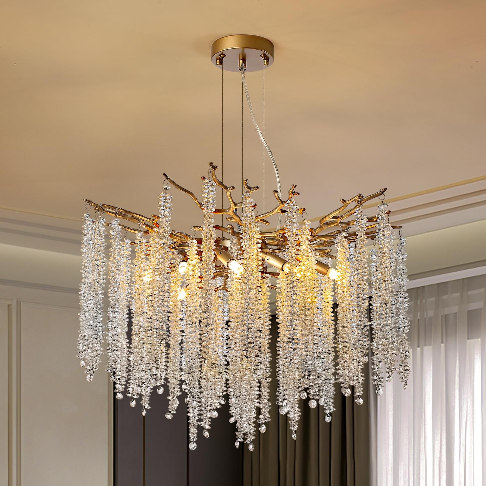 Modern Tree Branch Crystal Chandelier Luxury Gold Raindrop Pendant Lighting 23.6" Contemporary 8-Light Chandeliers for Dining Room Kitchen Bedroom Living Room