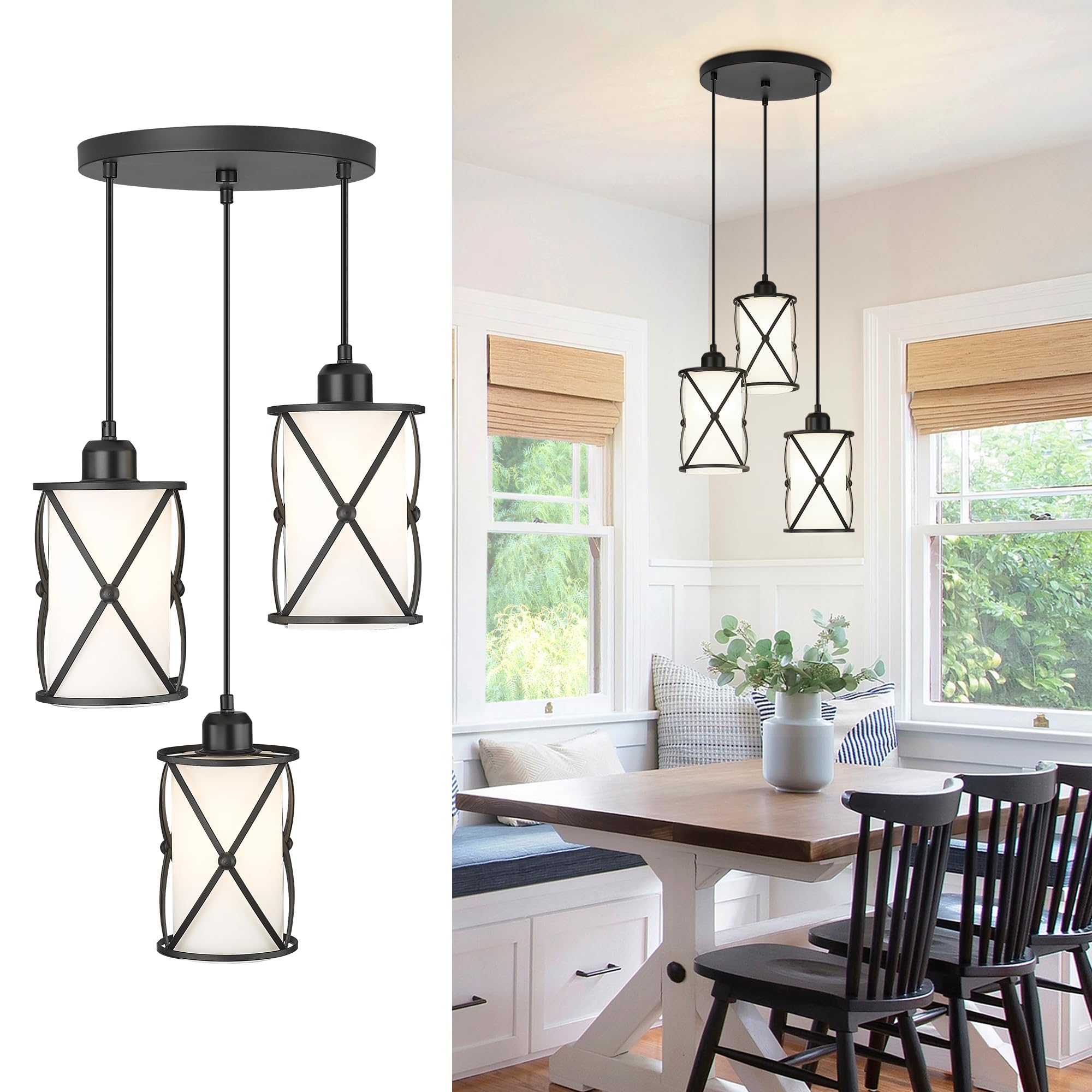 Brushed Gold Pendant Light Fixtures, 3-Light Modern Dining Room Cluster Pendant Light with Milky Glass, Mid Century Cage Hanging Pendant Lighting for Kitchen, Adjustable, CH9176BGW3