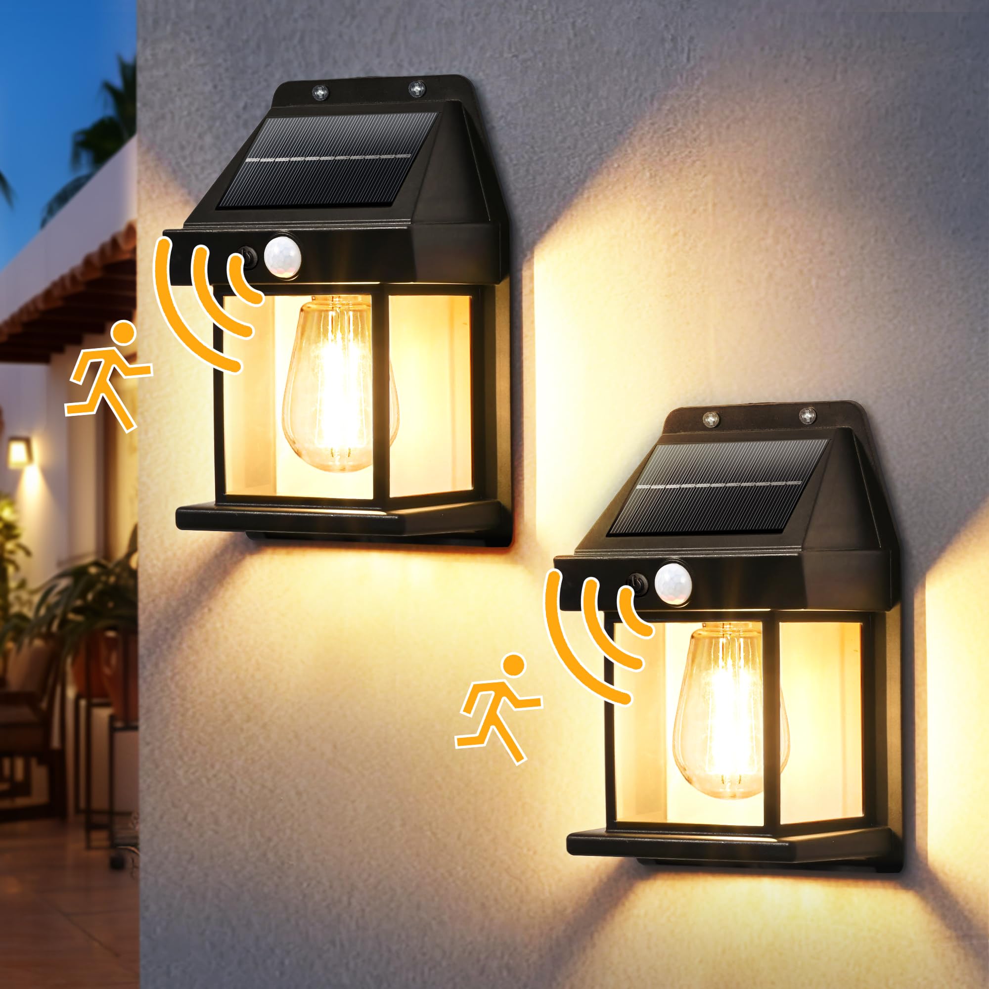 Solar Wall Lights Outdoor, Dusk to Dawn Motion Sensor Lights Waterproof, 2 Pack Motion Sensor Solar Porch Lights with 3 Modes, for Patio, Garage, Shed