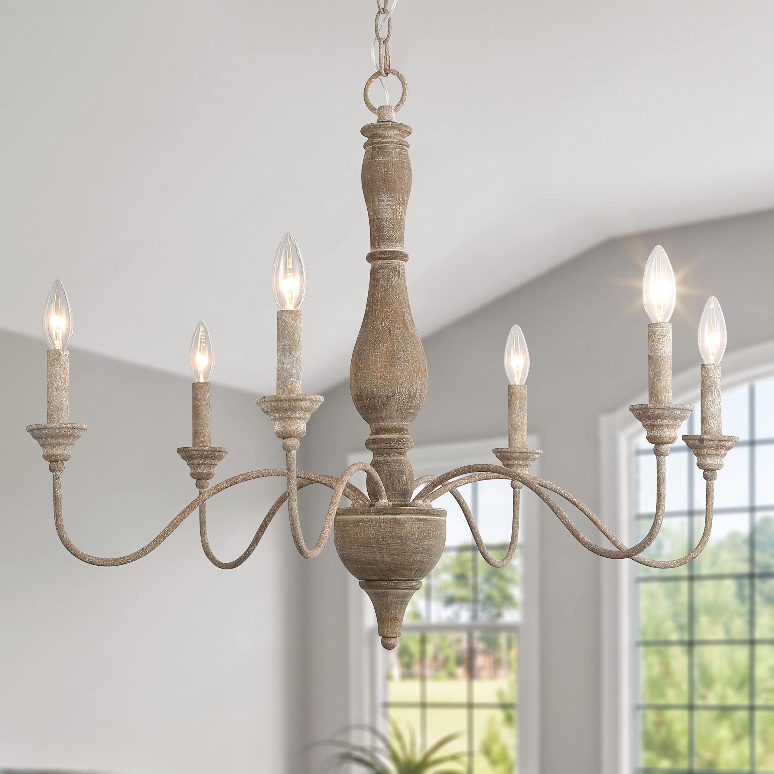 Farmhouse Chandelier, 6-Light Wood French Country Chandelier, Rustic Wooden Chandeliers Light Fixture for Dining Room, Living Room, Bedrooms, Foyer, Stairway, Distressed Wood and Rust Colored