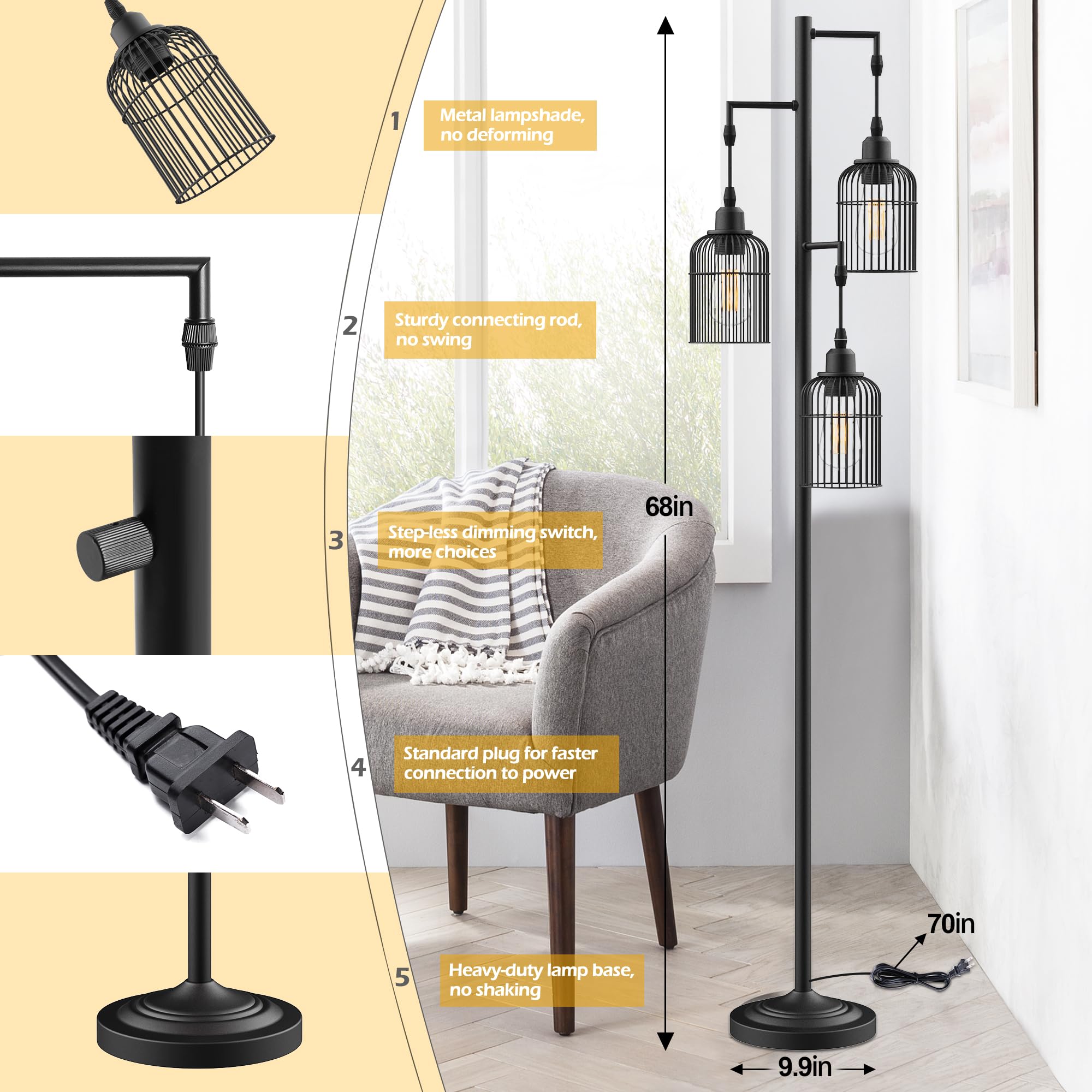 Industrial Floor Lamps for Living Room, Tree Standing Lamp with 3 Teardrop Cage Shades, 68" Modern Tall Lamps for Bedroom Office Home Light Decor, E26 Socket, Pedal Switch, Brass Gold