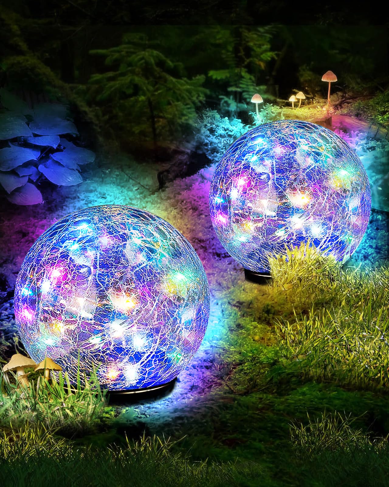 Garden Solar Ball Lights Outdoor Waterproof, 50 LED Cracked Glass Globe Solar Power Ground Lights for Path Yard Patio Lawn, Christmas Decoration Landscape Warm White(2 Pack 4.7'')