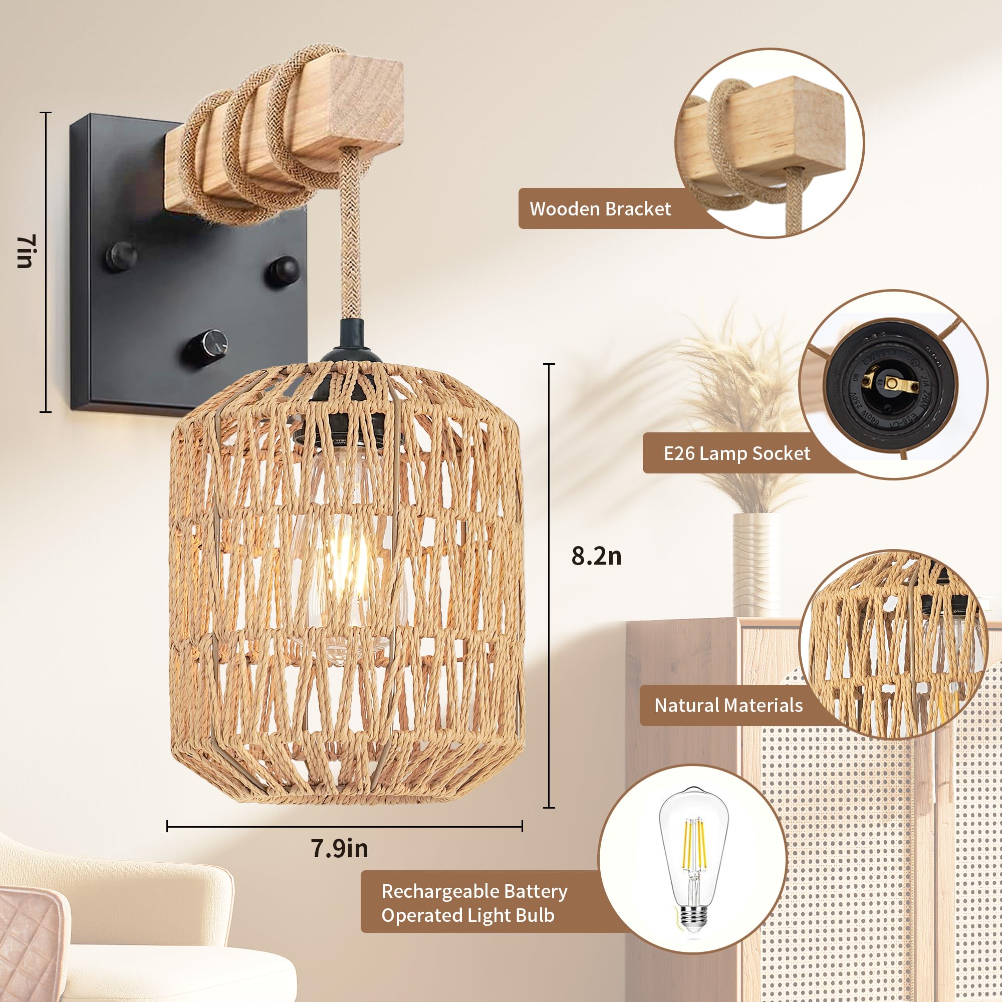 Rattan Plug in Wall Sconces Set of Two,Wicker Wall Lamp with Plug in Cord Hand Woven Rattan Plug in Wall Lamp Rustic Wall Lighting Boho Wall Sconces for Living Room Bedroom