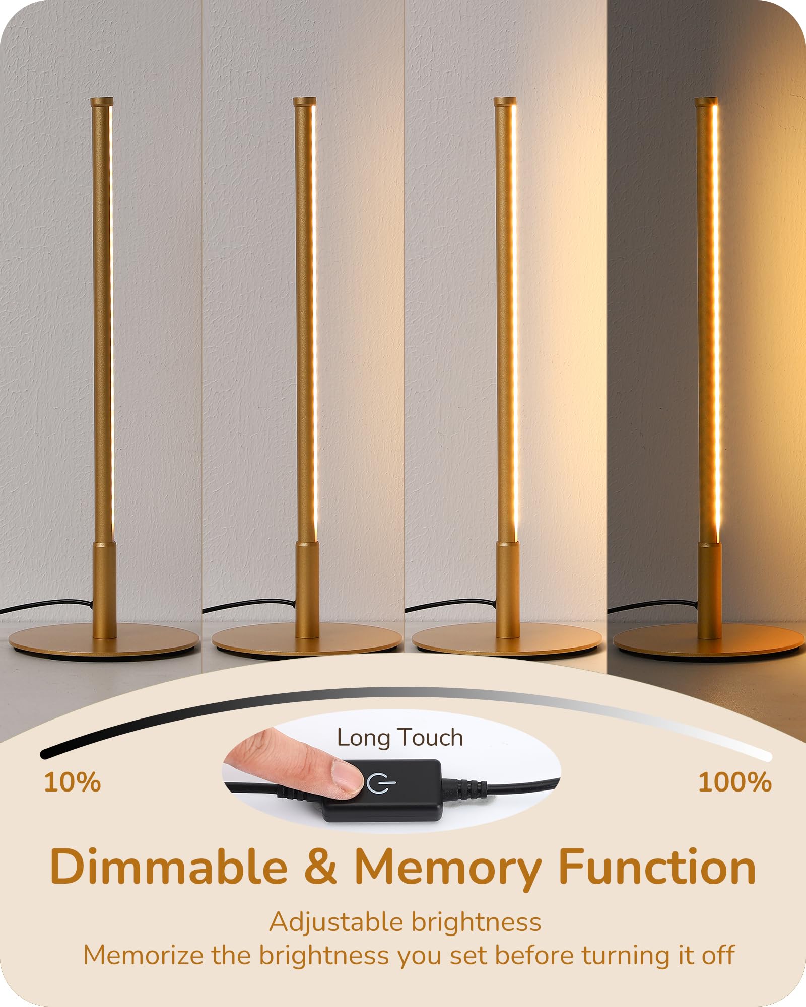 LED Table Lamp, Dimmable Bedside Lamp with 3 Colour Temperature, Touch Controller, Minimalist Lamp for Bedroom, Living Room, Corner Lighting, Gift, Reading, Metal Finish, Gold, 6W