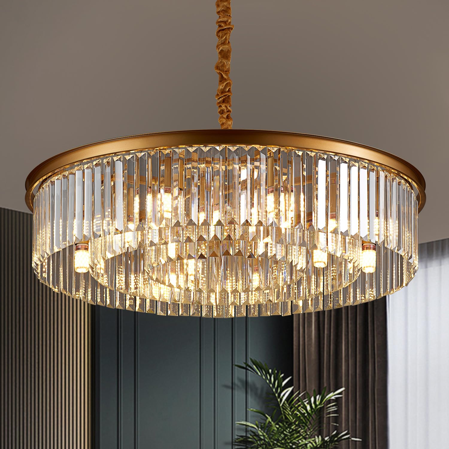 23" 8-Light Modern Crystal Chandelier Light Fixtures 2 Rings Gold Luxury Chandeliers for Dining Room Round Hanging Pendant Lighting for Living Room Kitchen Entryway Bedroom