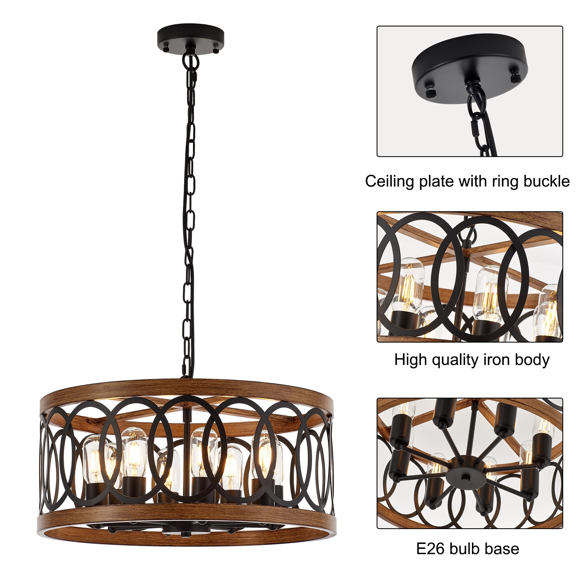 6-Light Farmhouse Wood Pendant Light,22.83'' Vintage Rustic Brown Oak Wood Chandeliers,Retro Industrial Hanging Light Fixtures for Dining Room Entryway, Bedroom