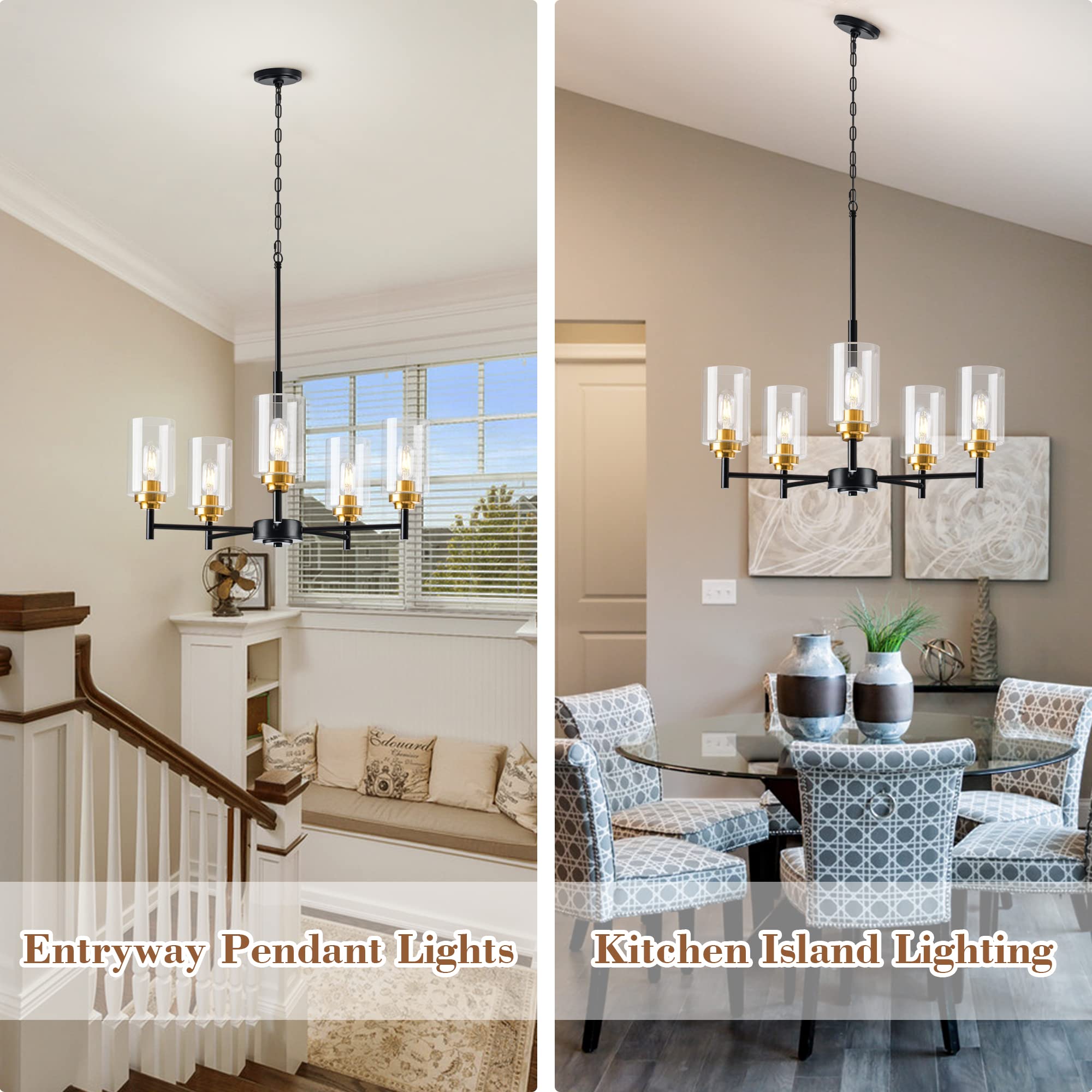 Kitchen Island Lighting, 3 Lights Linear Chandeliers Rectangle Pendant Light Fixtures for Dining Room Farmhouse Hanging Light with Glass Shades Hanging Lights - Gold