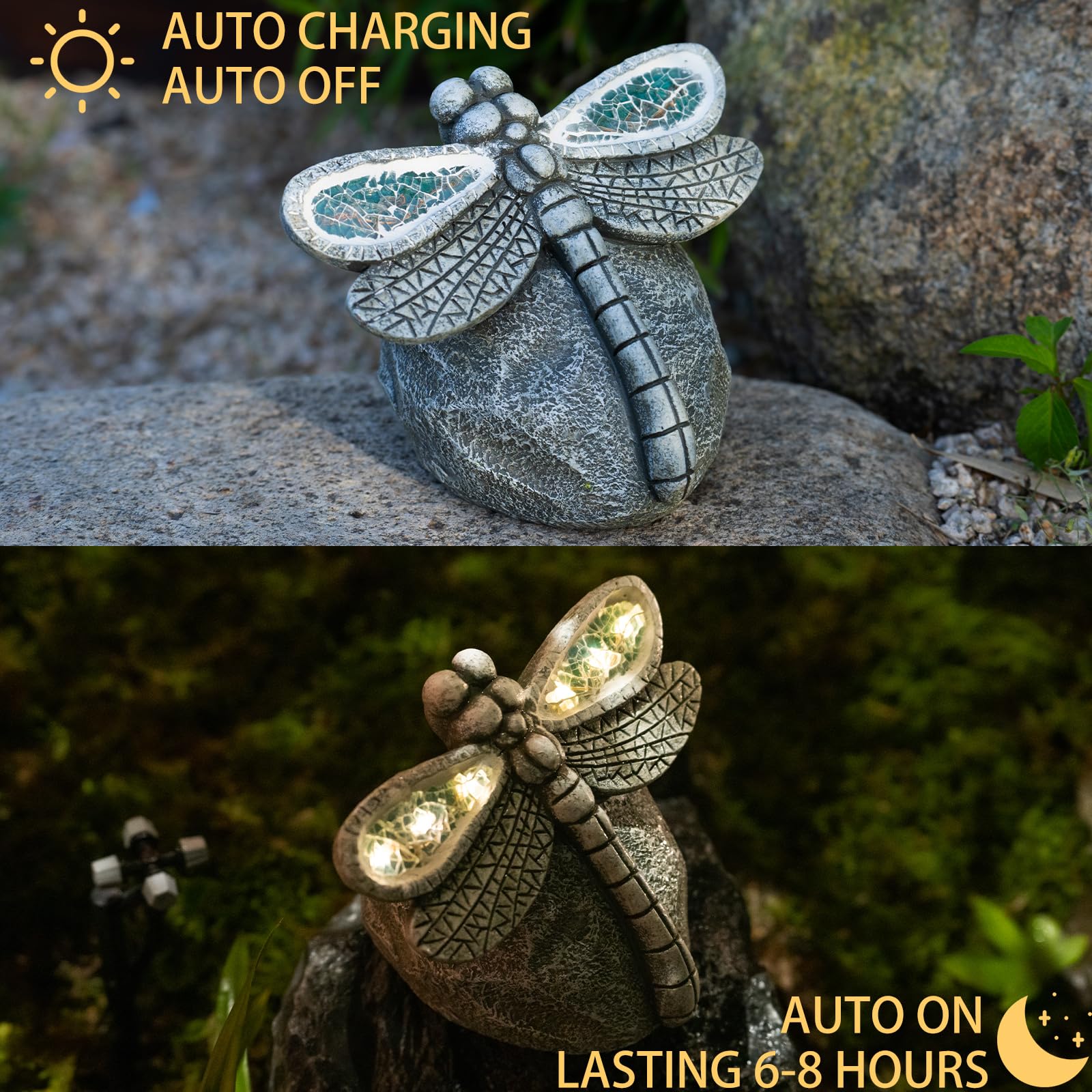 Garden Statue Dragonfly,Solar Dragonfly Decor for Outdoor,Resin Dragonfly Figurine with Solar Light for Patio,Balcony,Yard,Lawn Ornament,Perfect Garden Gift