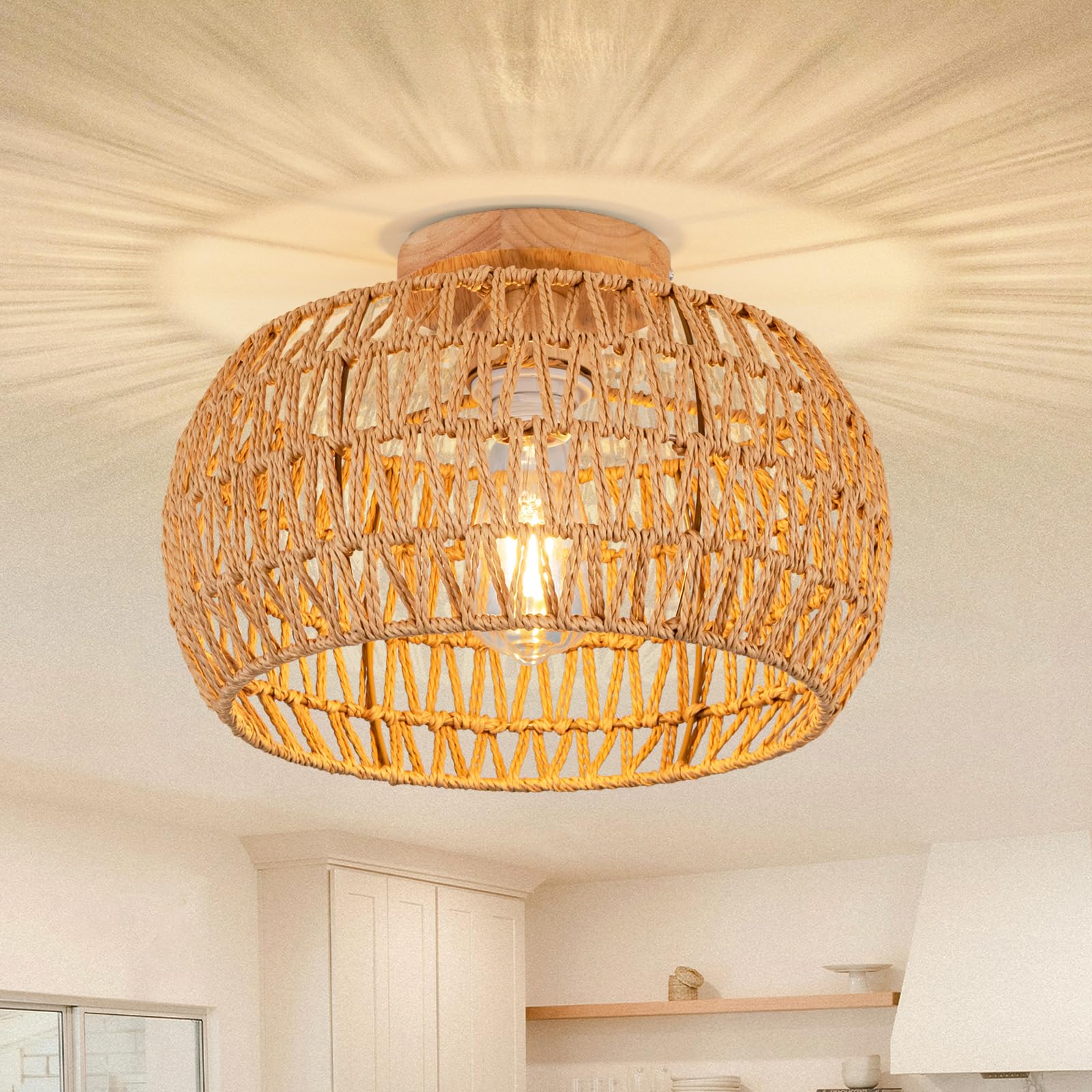 Rattan Pendant Light Fixture Basket Hanging Drum Chandelier Basket Light White Boho Ceiling Light Flush Mount Ceiling Light Woven Kitchen Chandelier for Dinning Room Hallway Bedroom Chandelier