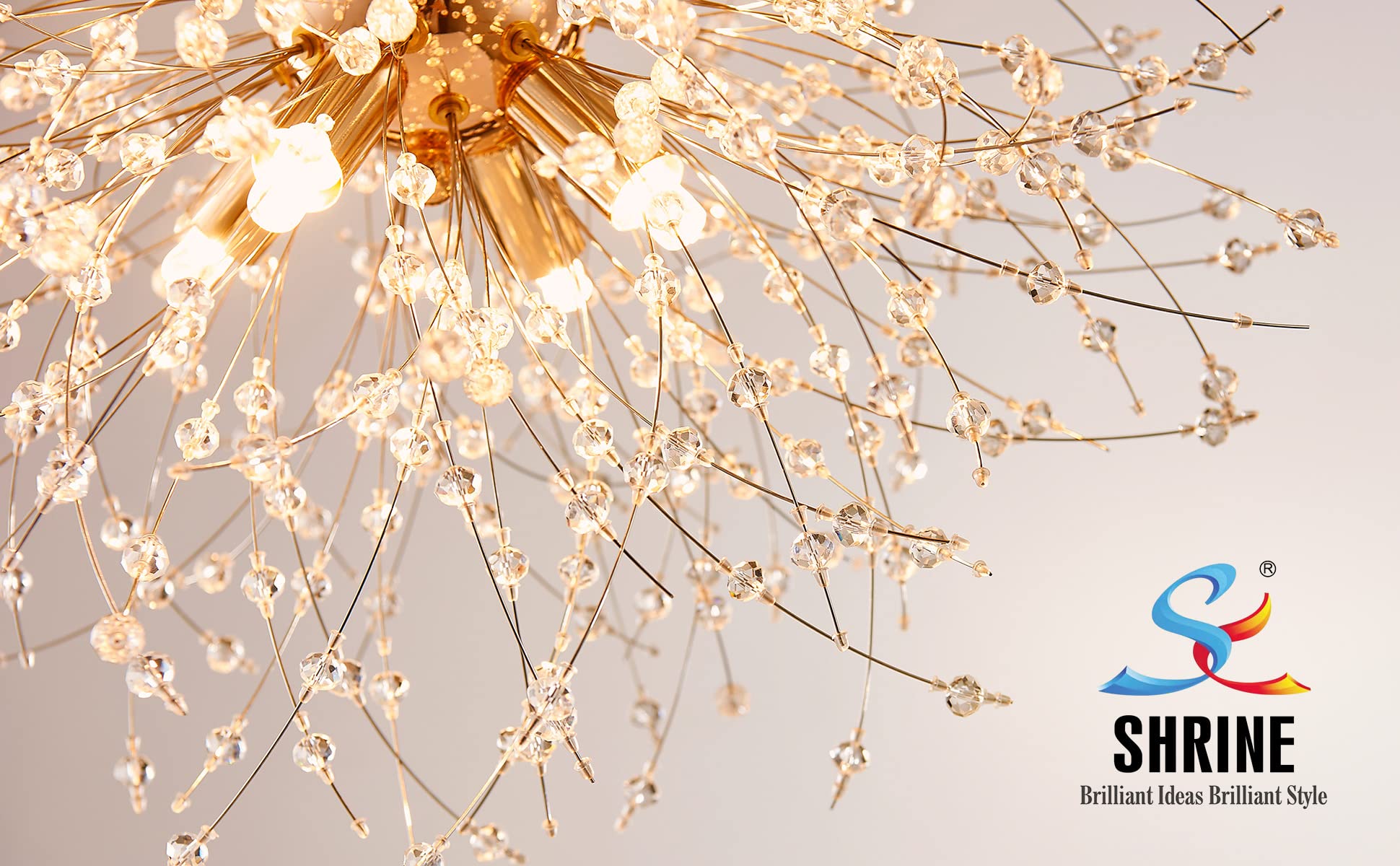 Dandelion Crystal Chandeliers, Modern Design, Firework Pendant Light Fixture for Living Space, H17'' x D17'', Adjustable Chains 59'', G9*9 Sockets, Brilliant Gold Finish Frame