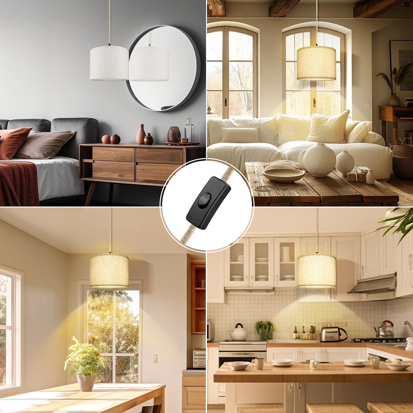 Plug in Pendant Light,15 FT Hanging Lamp with Plug in Cord, Dimmable Switch, Pendant Lighting with Fabric Shade, Hanging Light Fixture for Living Room, Bedroom, Dining Room, Kitchen