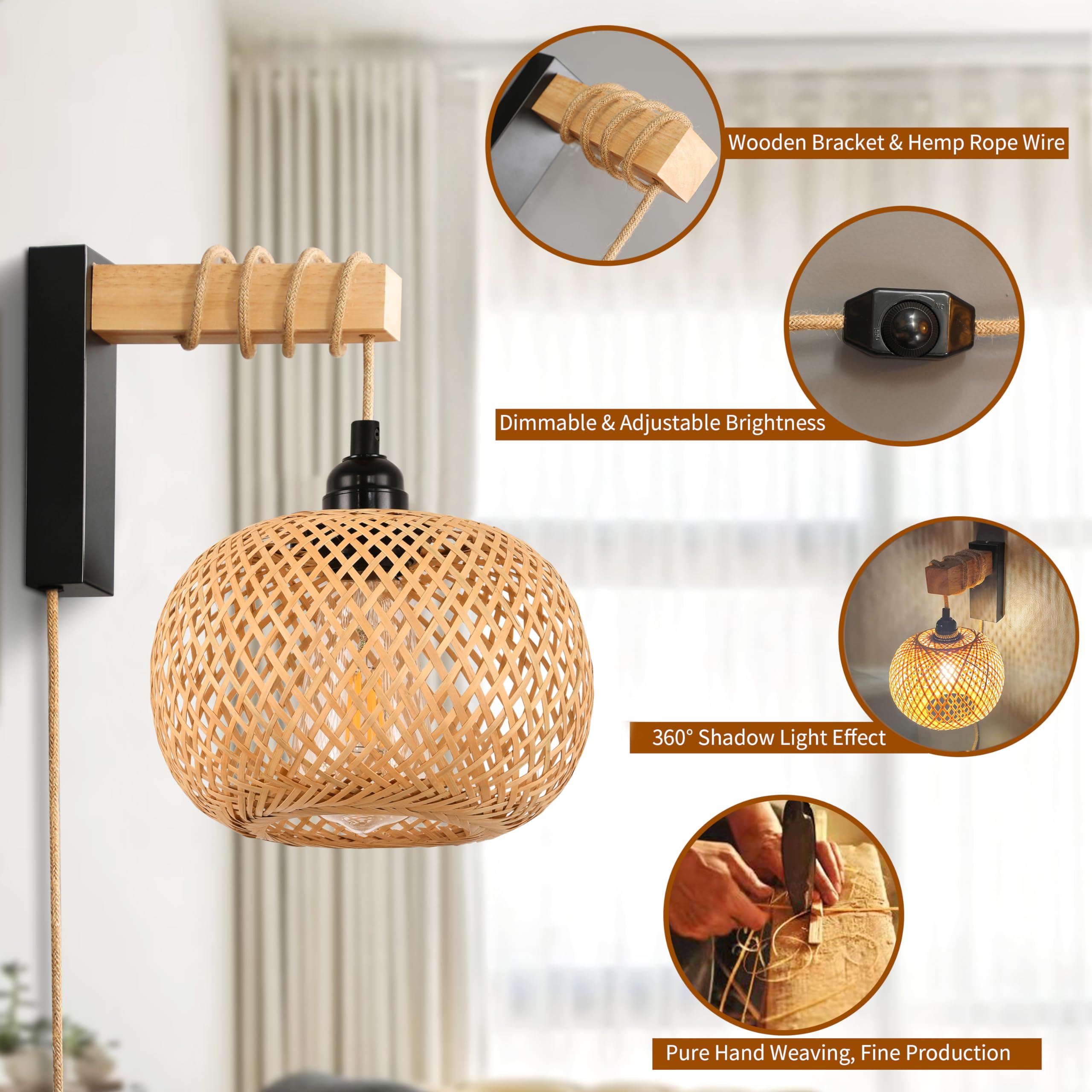 Rattan Wall Sconces Set of Two Plug in,Farmhouse Plug in Wall Sconces Hand Woven Bamboo Wall Light Fixtures with Switch,Rustic Black Wall Sconce Light Wall Lamp Plug in Sconces for Living Room Bedroom