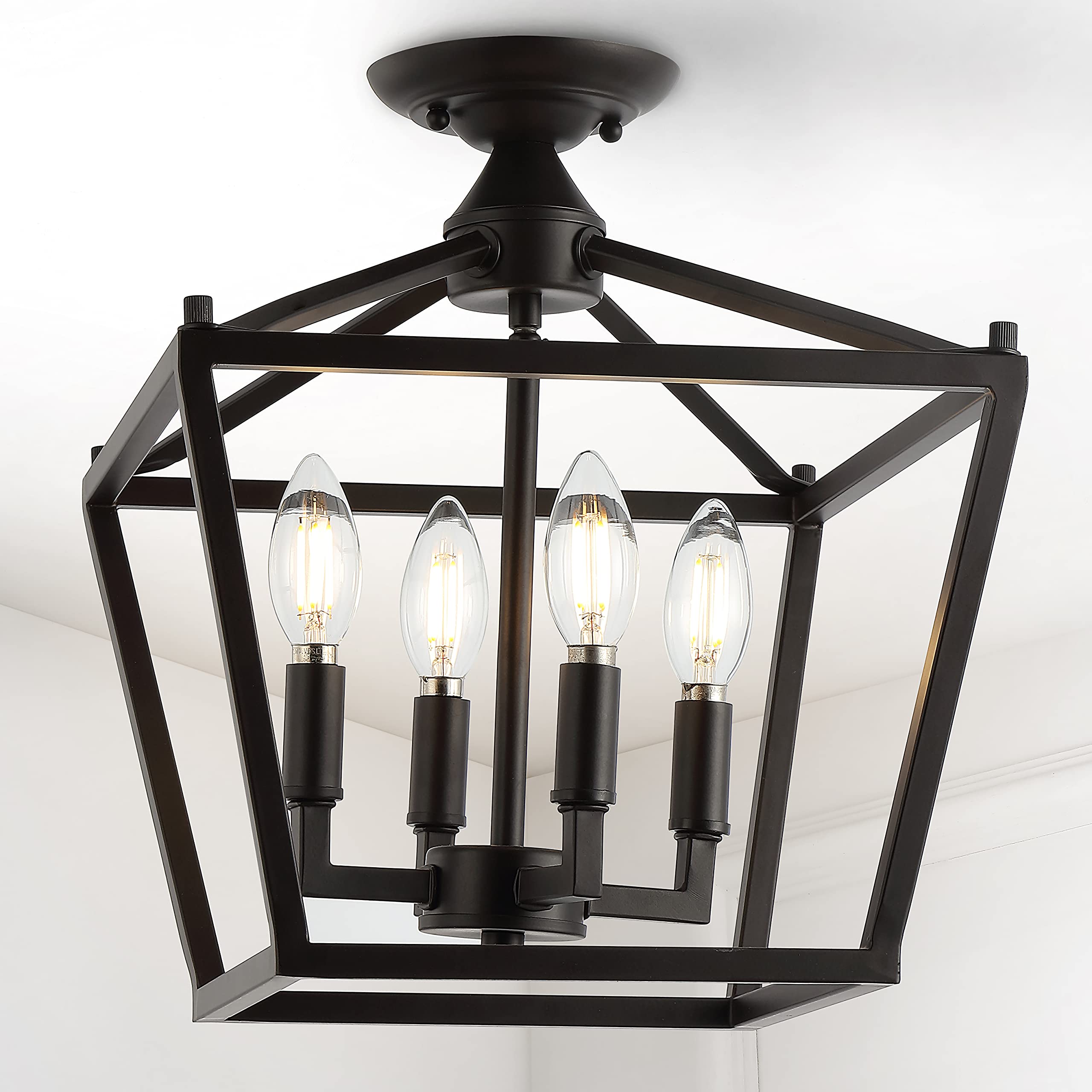 Mini Lantern 12" 4-Light Iron Modern Farmhouse LED Flush Mount, Rustic, Industrial, Dimmable, 2700K Cozy Warm Light Kitchen, Hallway, Bathroom, Stairwell, Brass Gold