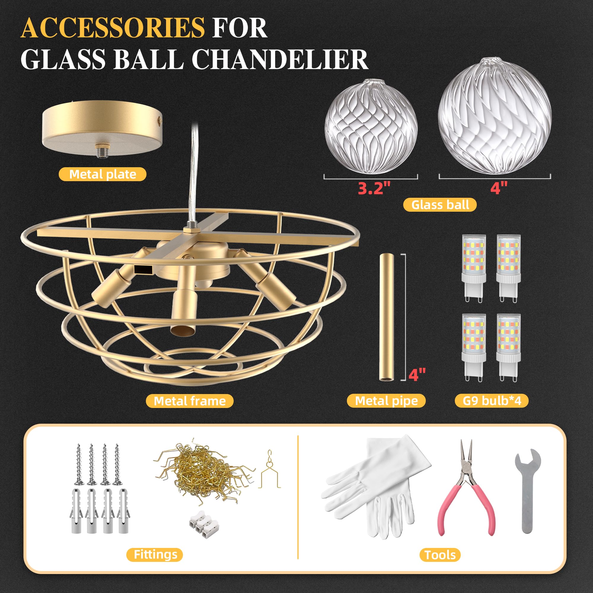 Semi Flush Mount Ceiling Bubble Ball Chandelier Lighting Dia 20 Inch Gold Clear Ribbed Blown Glass Chandeliers Ceiling Medallions Light Fixtures for Bedroom, Living Room, Entry, Bathroom