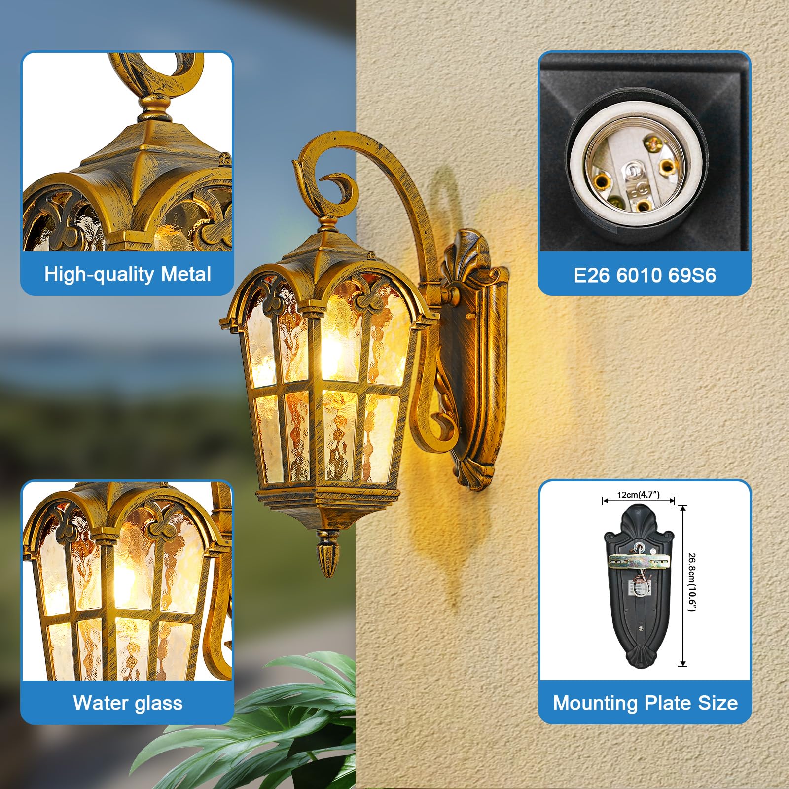 Gold Outdoor Wall Light for House Porch Hallway Doorway Patio Garden, Anti-Rust Aluminum Exterior Wall Sconce Light Fixtures Wall Mount Waterproof Wall Lantern with Water Ripple Glass