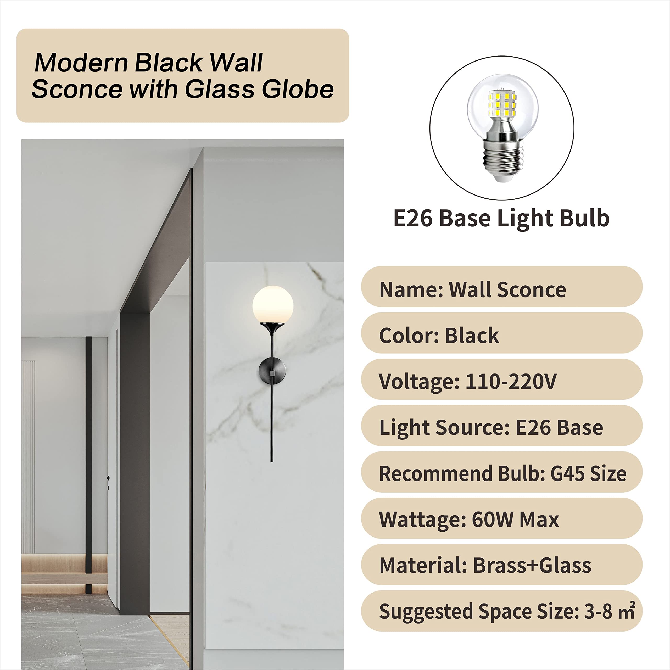 Lighting Modern Smoke Grey Glass Globe Black Matte Slim Wall Sconce Light with Long Arm Vintage Industrial Wall Sconce for Hallway, Stairs, Bathroom Mirror