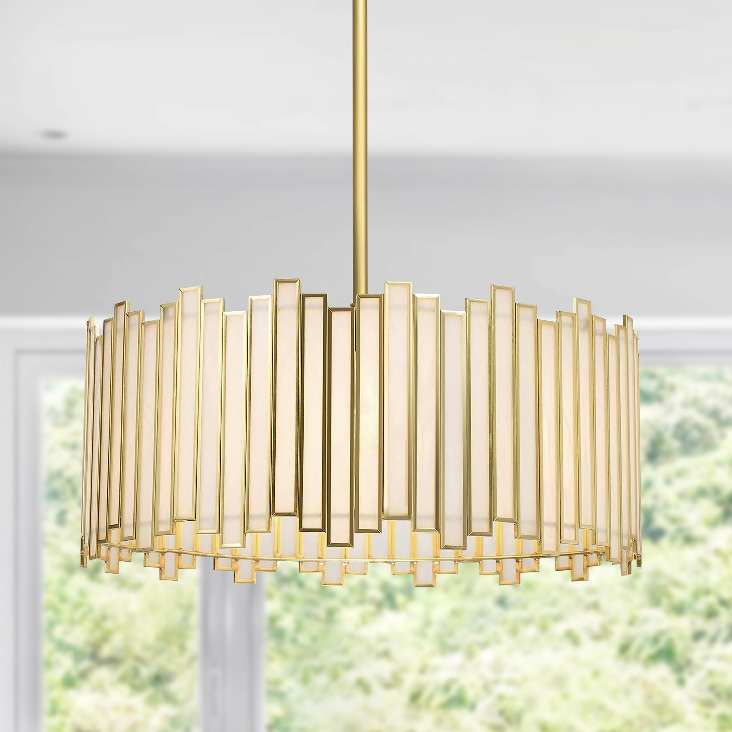 Gold Drum Chandelier 4-Light, Modern Drum Pendant Lighting Fixture with Tiffany Glass Shade, 16” Round Ceiling Hanging Light for Bedroom Dining Room Kitchen Entryway Living Room (Gold)