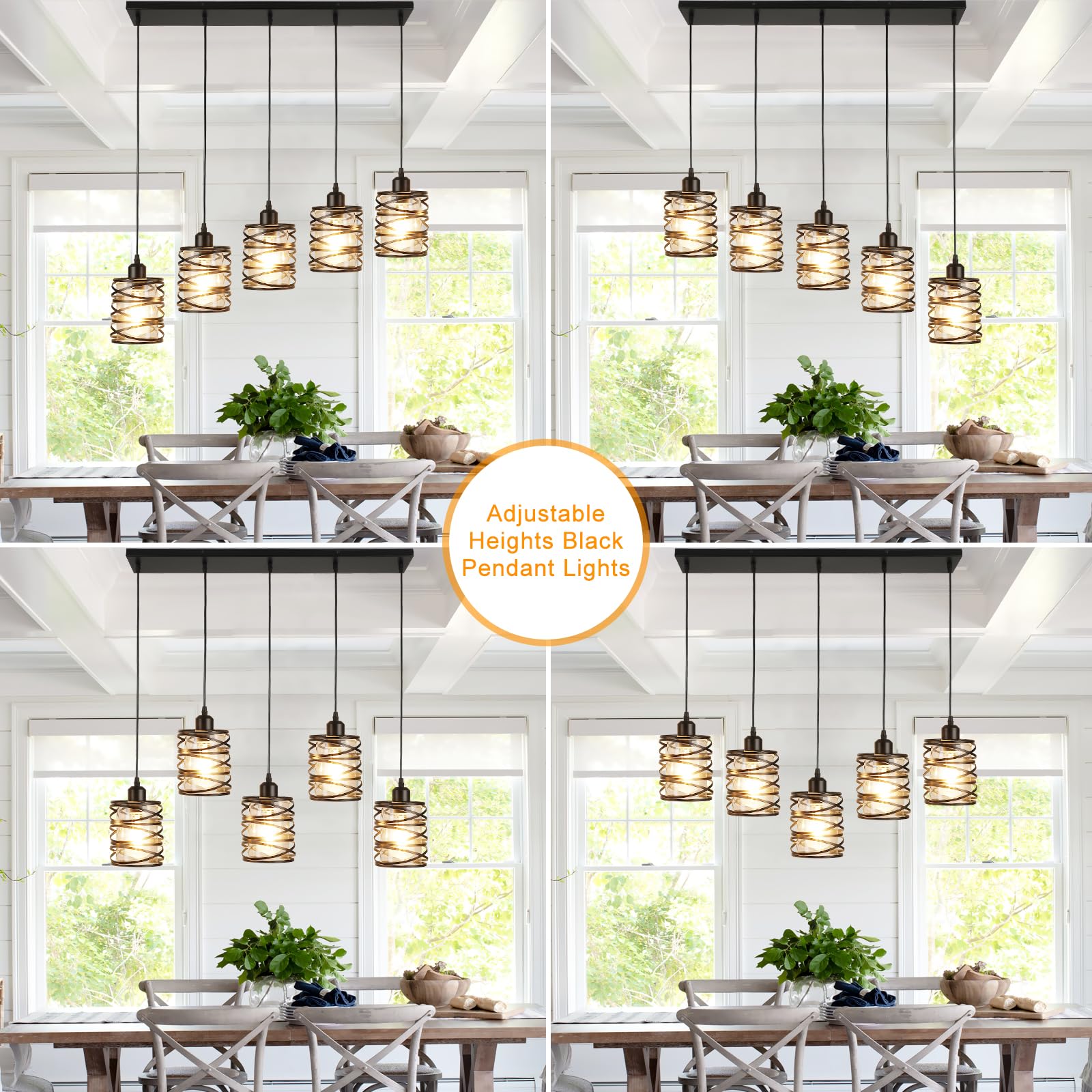 Brushed Nickel Pendant Lights for Kitchen Island, 5-Light Chandelier for Dining Room, Hanging Linear Chandeliers, Modern Dining Room Light Fixtures Pendant Light with Clear Glass Shades