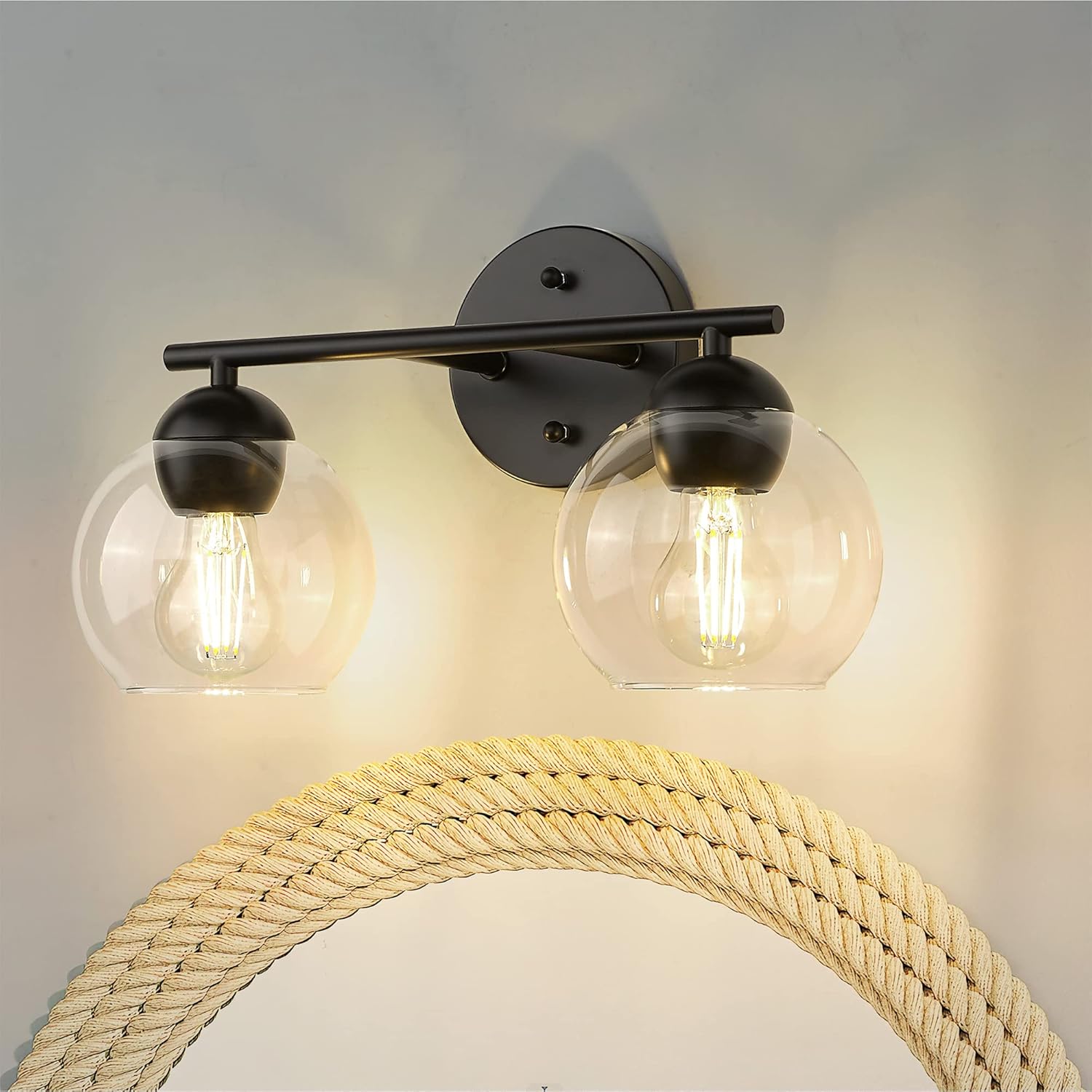 Black Vanity Lights for Mirror, Modern Farmhouse 2-Light Bathroom Light Fixtures Globe Bathroom Vanity Light with Milk Glass Shade, VL114-BK-ML-2