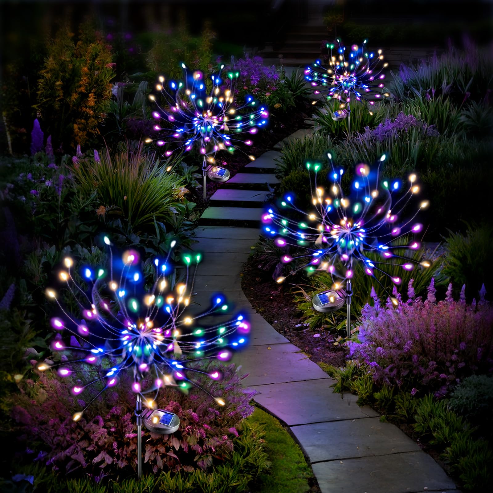 Fireworks Solar Lights Outdoor: Garden Fairy Light Colorful for Yard Decorative Outside - LED Sparklers Lamp Lighting Pathway Patio Planter Flowerbed Decor