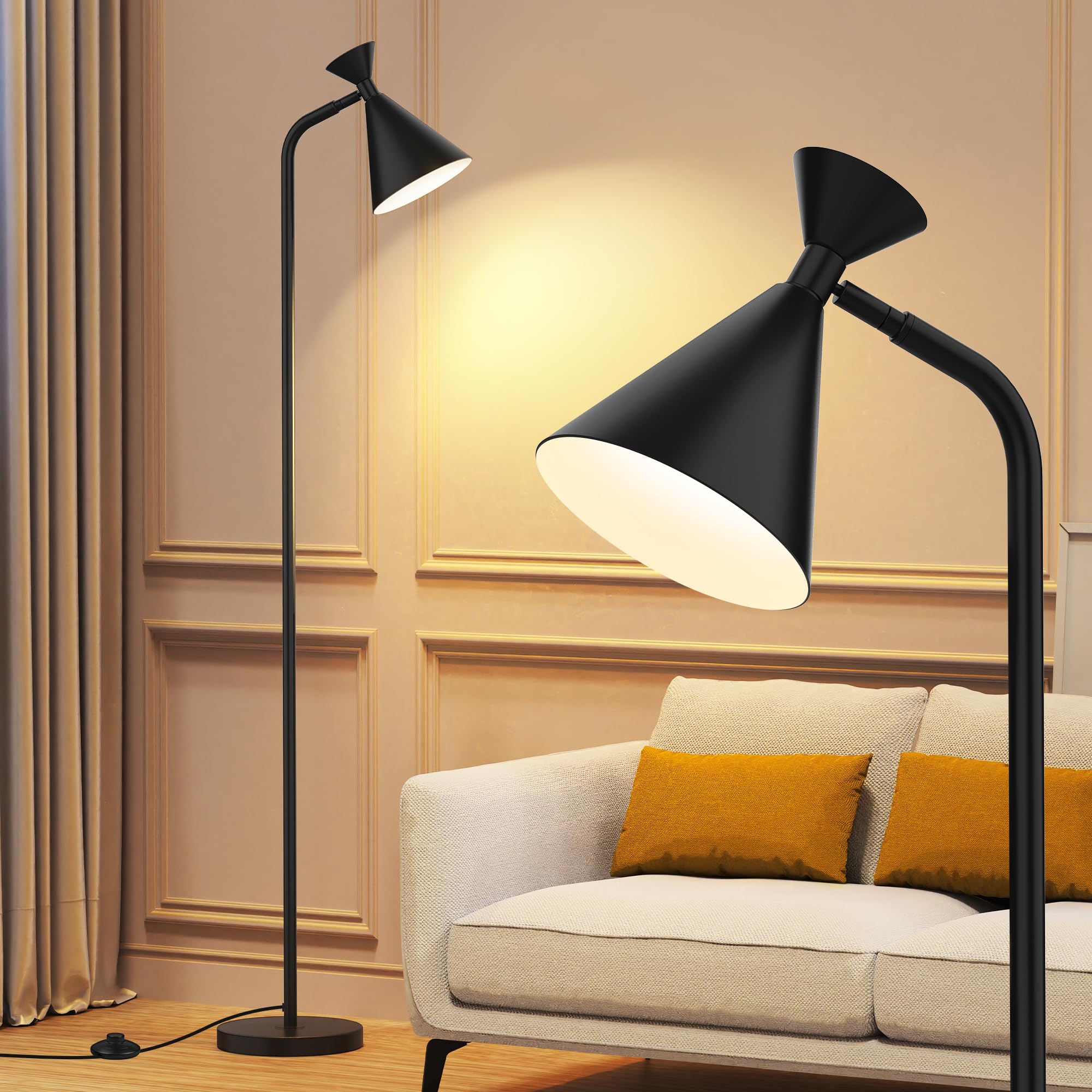 PARTPHONER Floor Lamp for Living Room, Modern Adjustable Metal Heads Standing Lamps, Simple Design Black Floor Lamp with Foot Switch for Bedroom, Office, Kids Room, Reading, Working(Bulb Not Included)