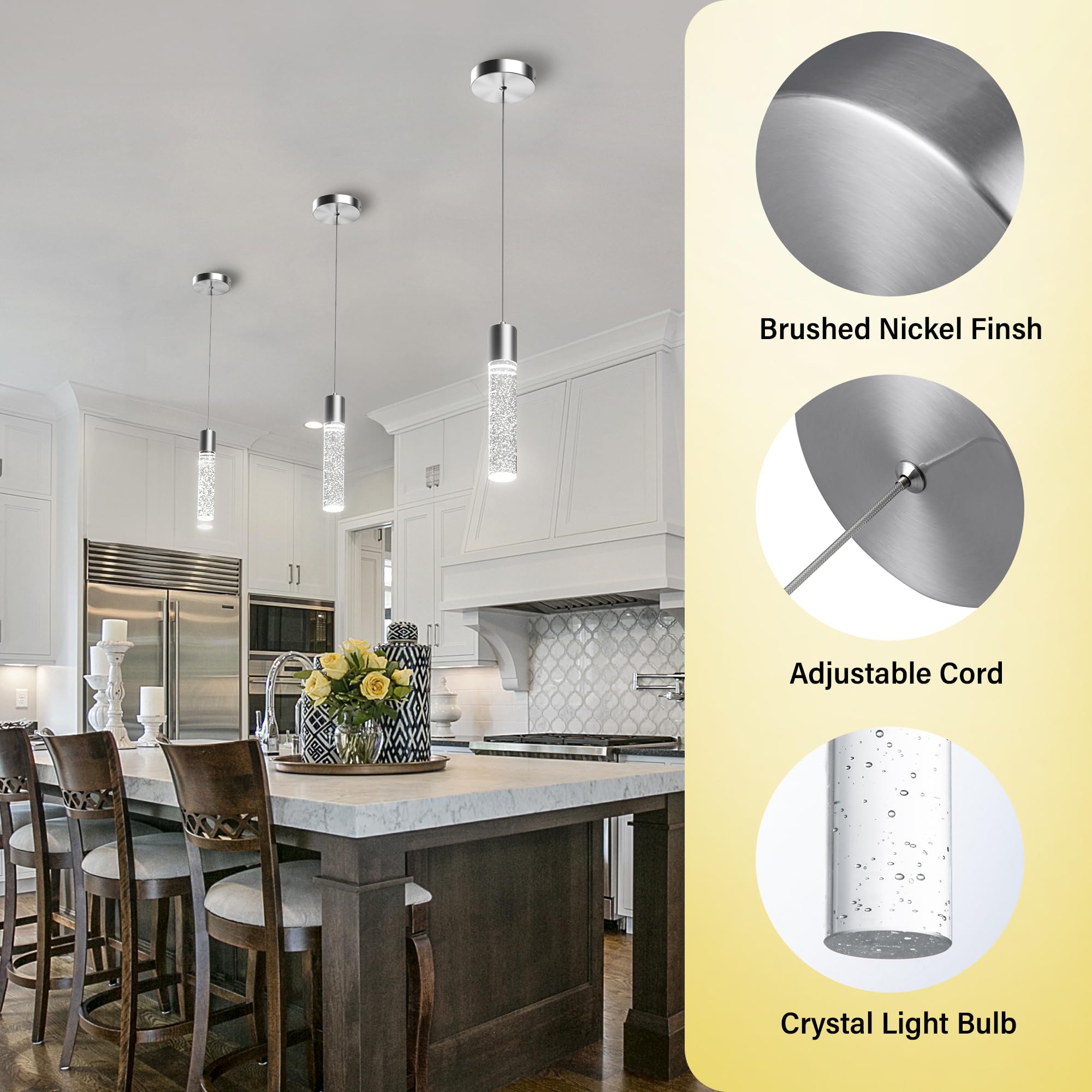 Pendant Lights Kitchen Island 3 Pack, 6500K Modern Kitchen Island Lights Ceiling Lighting Fixtures with Crystal Bubble, Integrated LED Cold White Hanging Light Dining Room Light