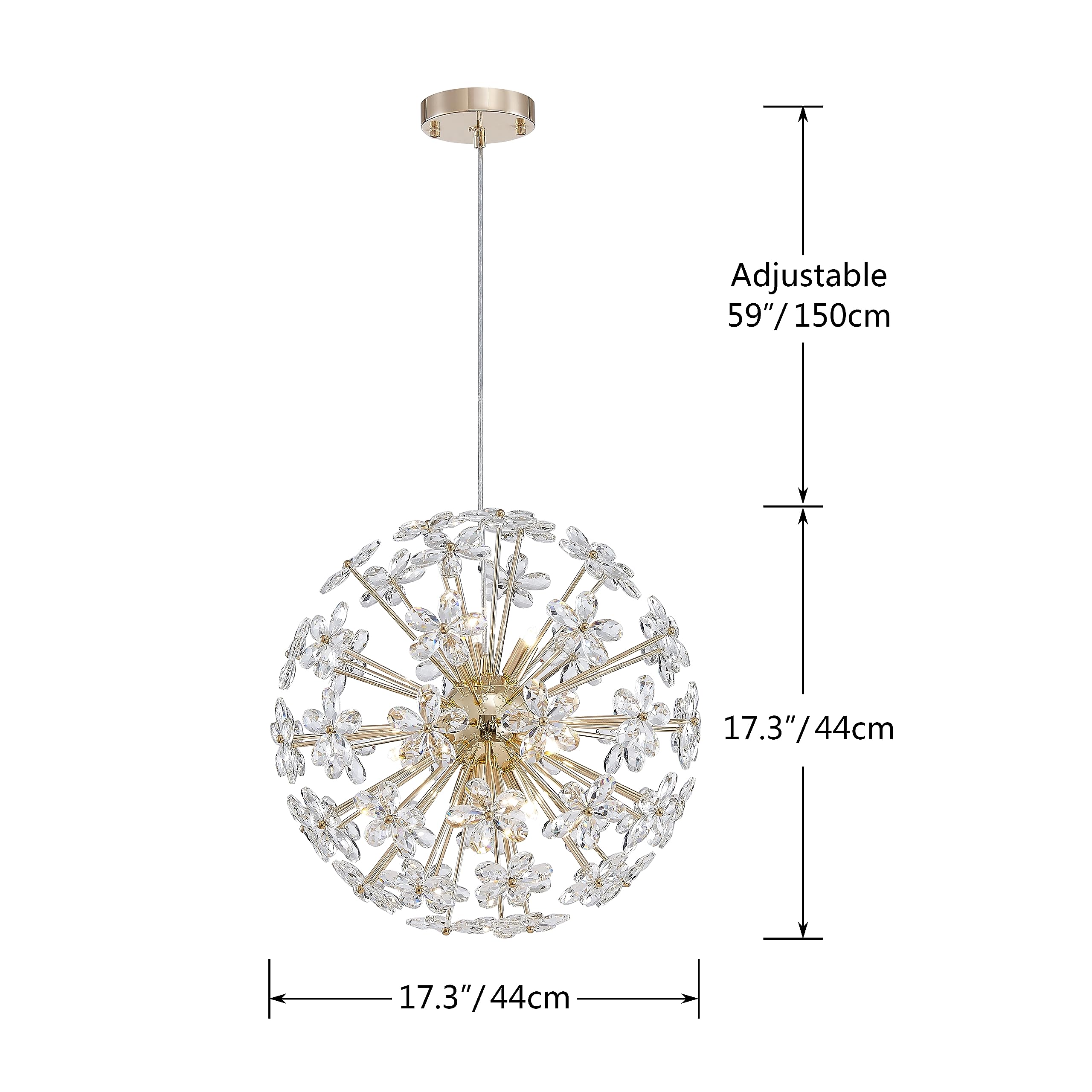 Dandelion Crystal Chandeliers, Modern Design, Firework Pendant Light Fixture for Living Space, H17'' x D17'', Adjustable Chains 59'', G9*9 Sockets, Brilliant Gold Finish Frame