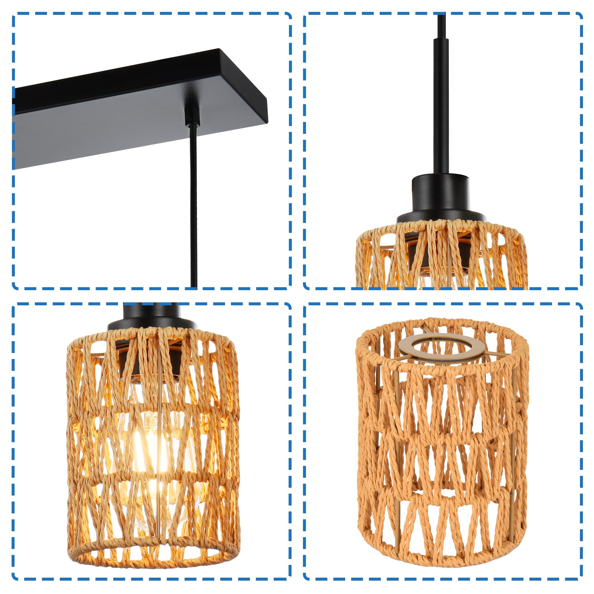 2 Pack Rattan Hanging Light Fixture Boho Pendant Light Black Adjustable Dining Table Light Fixture with Rattan Lamp Shade, Set of Two Mini Pendant Lighting for Kitchen Island Hallway Stair