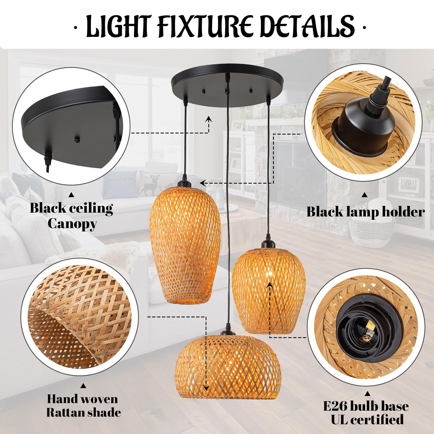 Rattan Pendant Light Bamboo Hanging Light 3-Lights Boho Pendant Light Fixture Woven Basket Wicker Shade Rattan Chandelier for Living Room Dining Room Kitchen