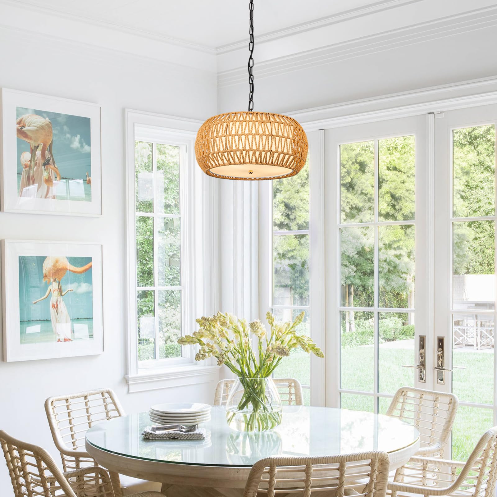 Rattan Pendant Light Fixture Basket Hanging Drum Chandelier Basket Light White Boho Ceiling Light Flush Mount Ceiling Light Woven Kitchen Chandelier for Dinning Room Hallway Bedroom Chandelier