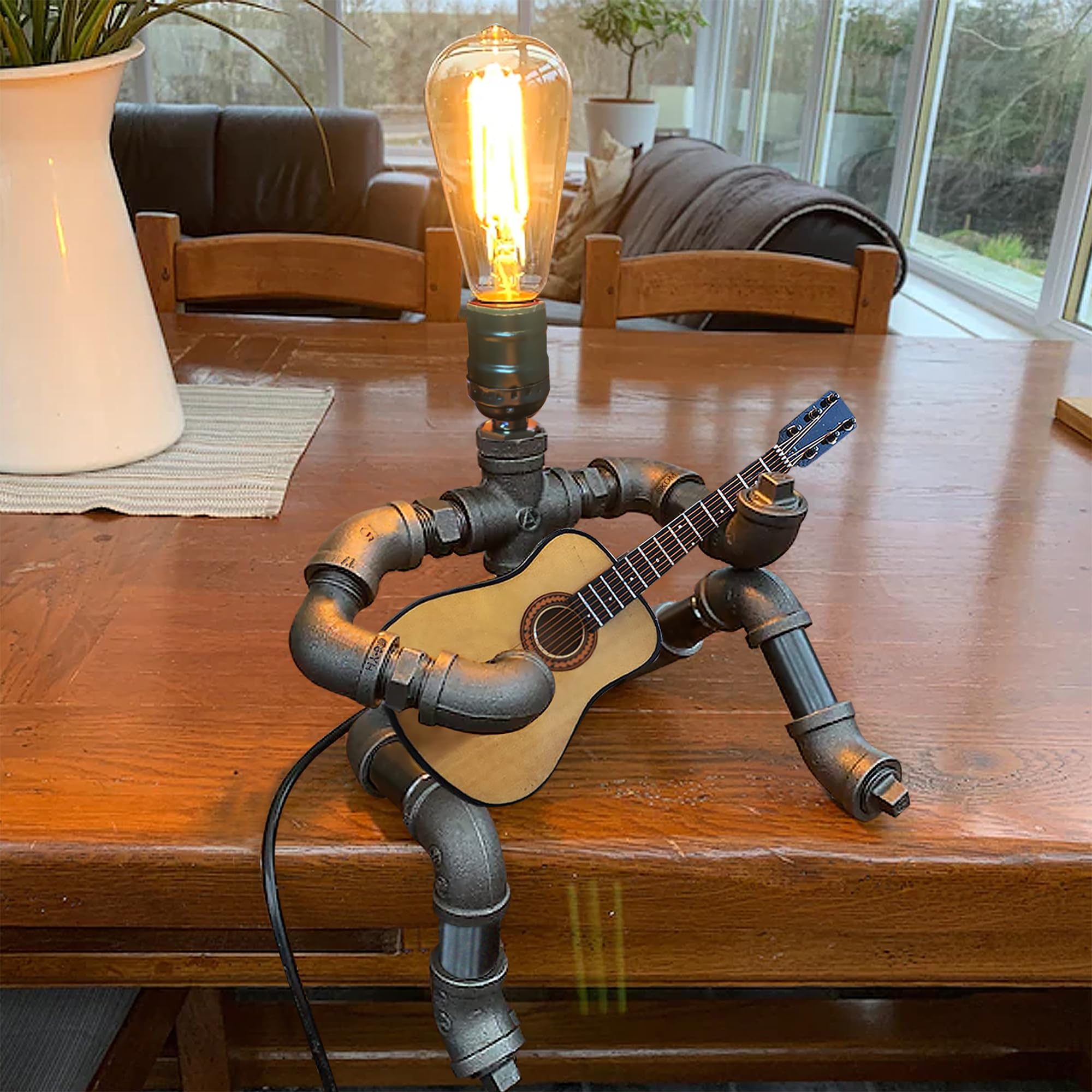 Music Guitar Table Lamp Art Decor, Music Themed Guitar Gifts for Men Unique, Guitar Stuff Cool Gifts for Music Lovers, Metal Industrial Robot Desk Lamp, Steampunk Vintage Pipe Lamp for Gift Giving