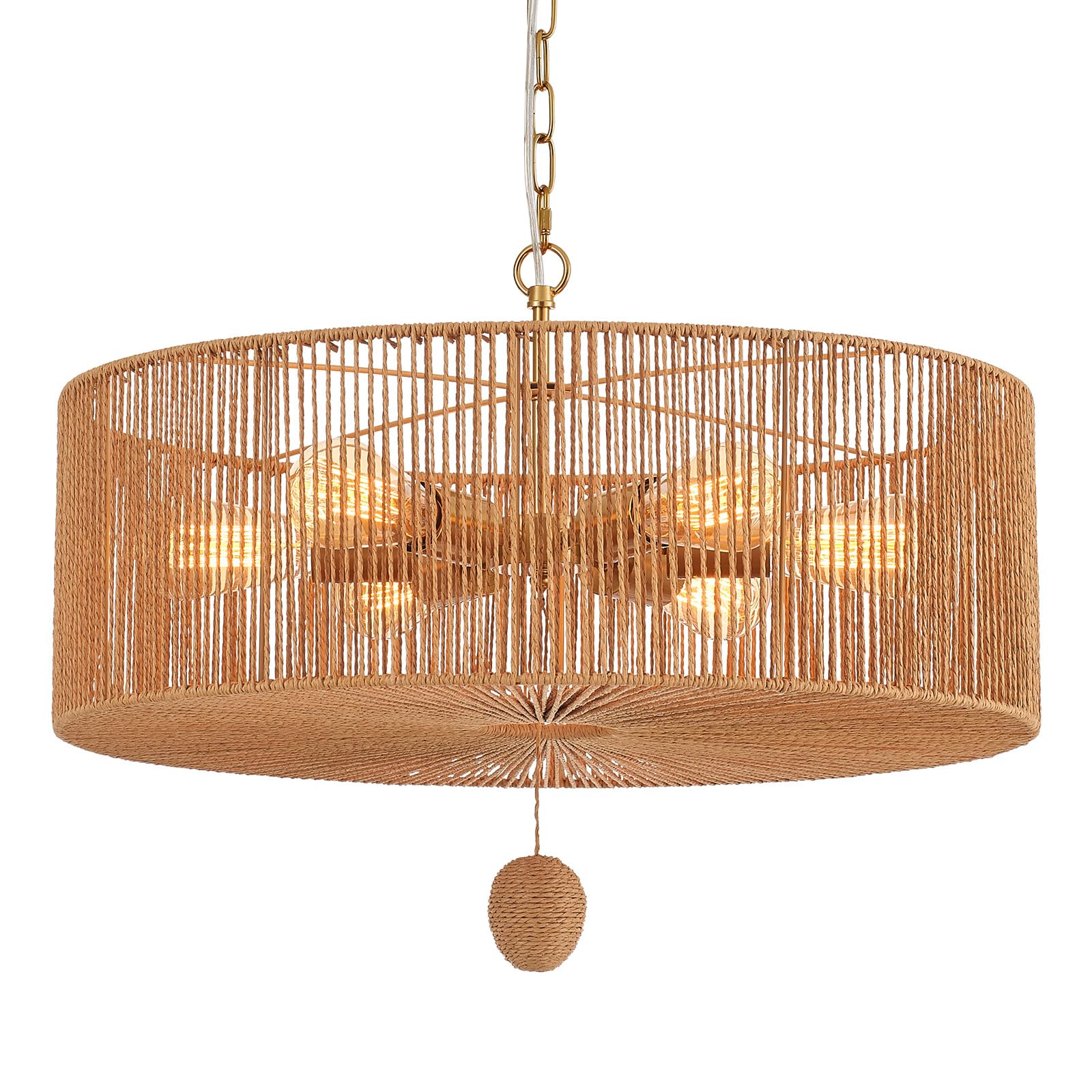 Hand-Woven Rattan Chandelier Vintage Farmhouse Boho Bamboo Chandelier Light Fixture Rustic Retro 5-Lights Drum Wicker Rattan Black Chandelier for Dining Room, Kitchen, Living Room, E12